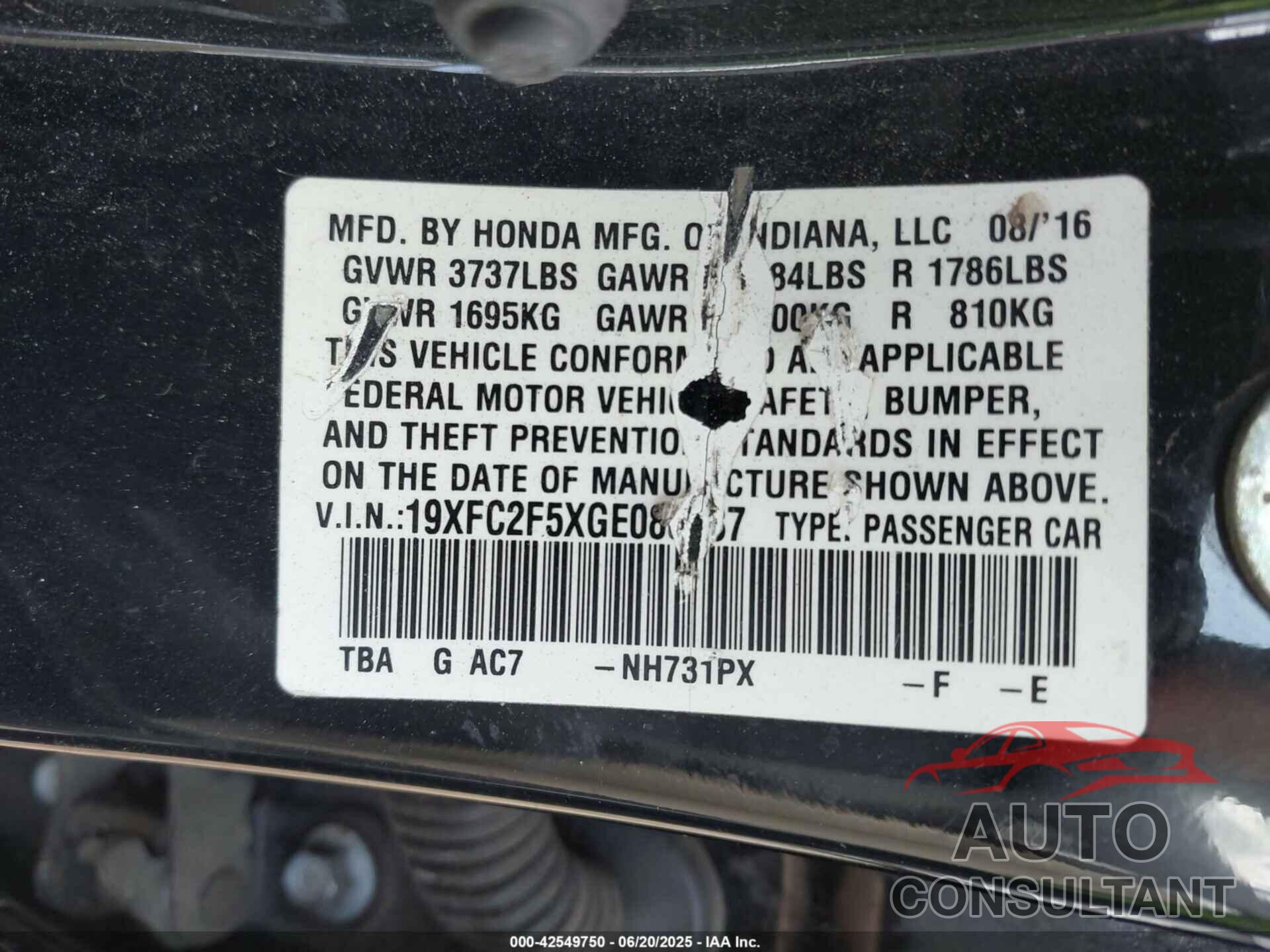 HONDA CIVIC 2016 - 19XFC2F5XGE080537