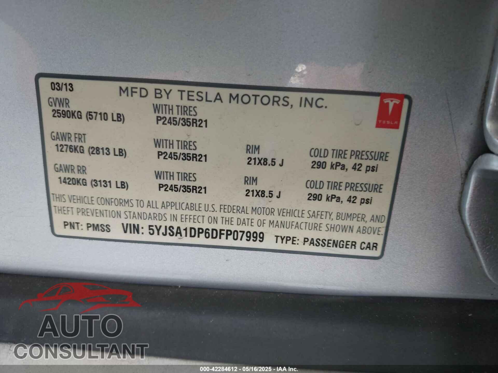 TESLA MODEL S 2013 - 5YJSA1DP6DFP07999
