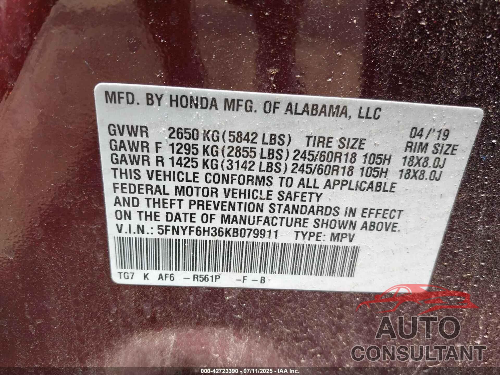HONDA PILOT 2019 - 5FNYF6H36KB079911