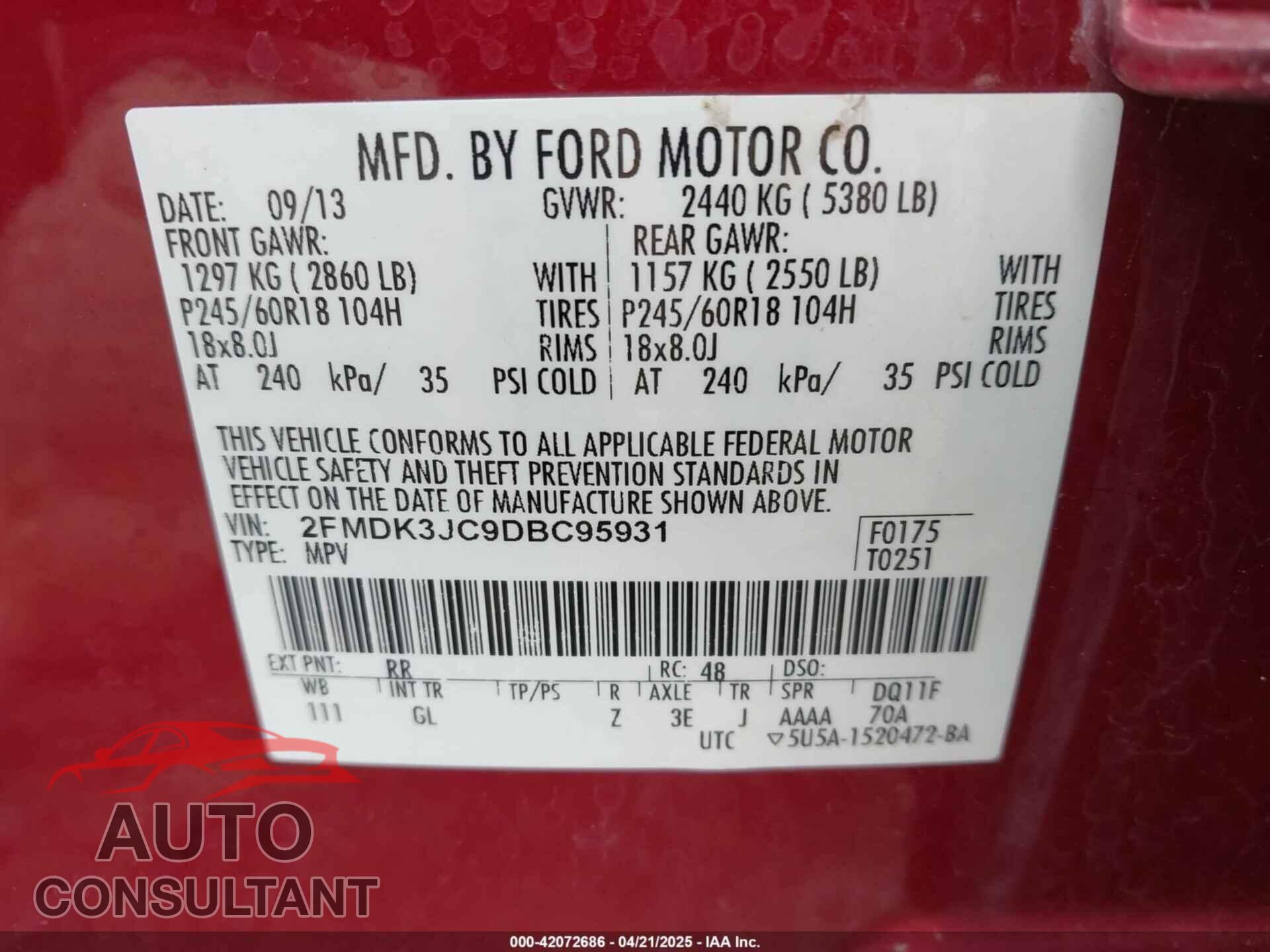 FORD EDGE 2013 - 2FMDK3JC9DBC95931