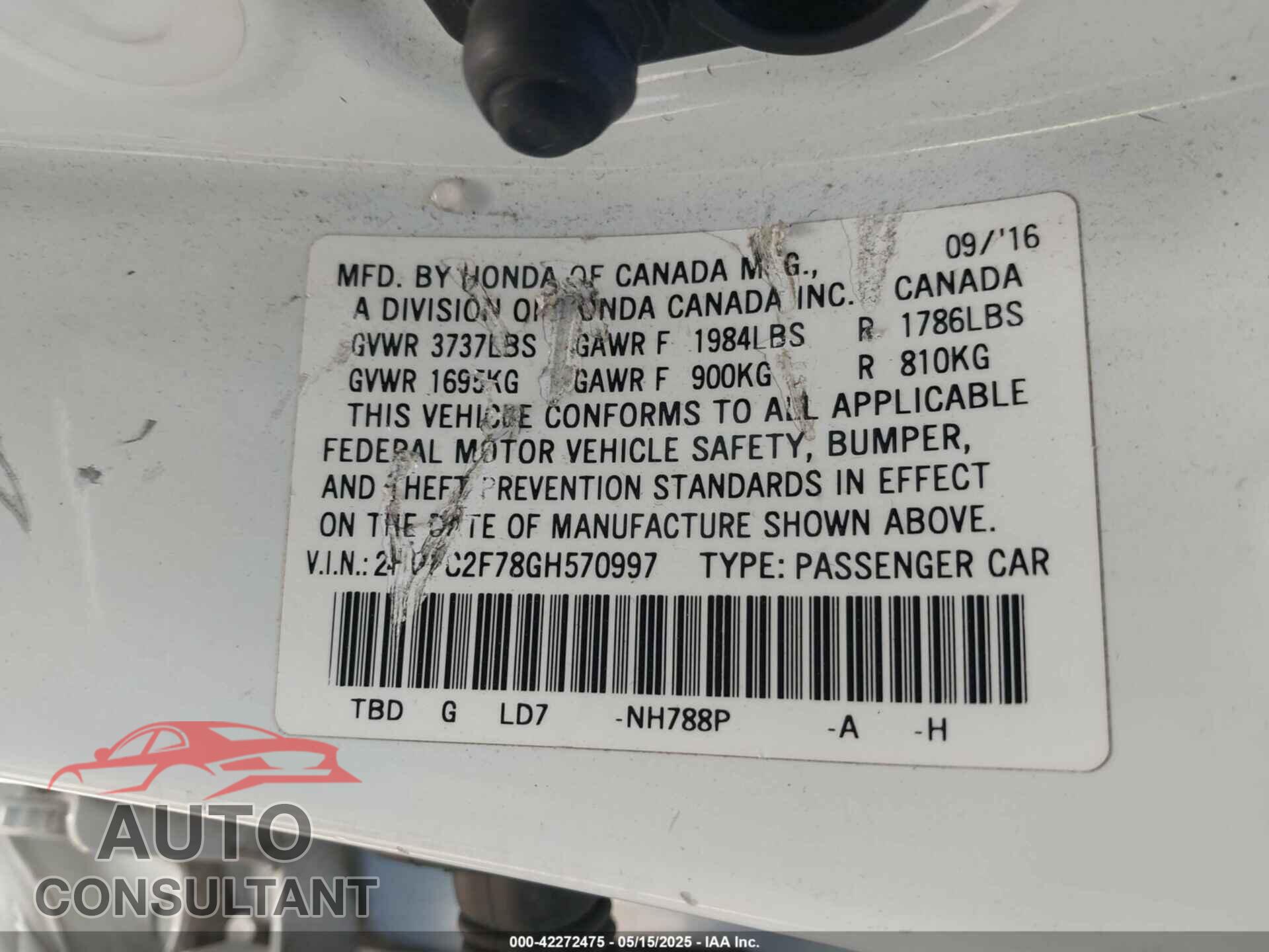 HONDA CIVIC 2016 - 2HGFC2F78GH570997