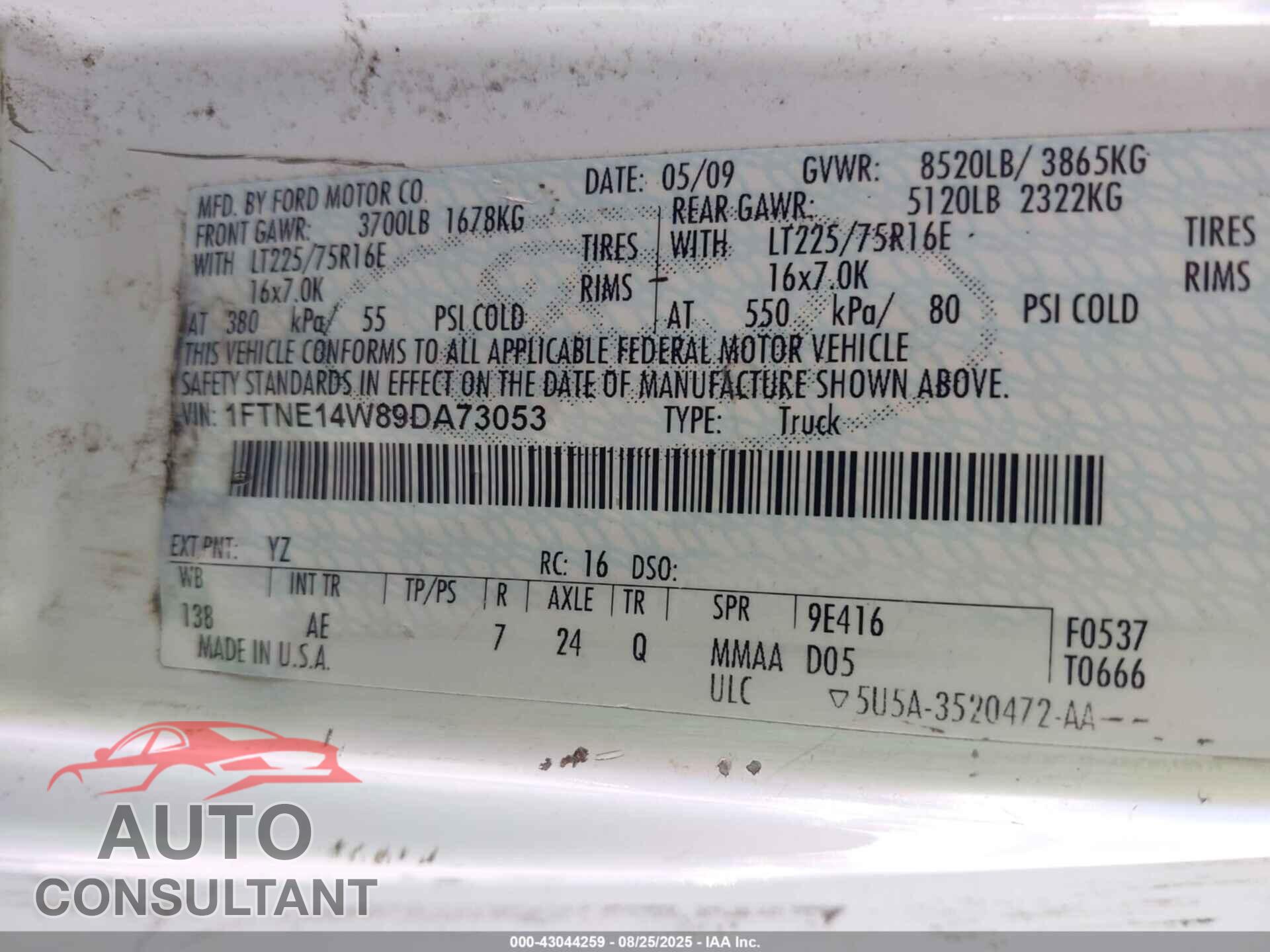 FORD E-150 2009 - 1FTNE14W89DA73053
