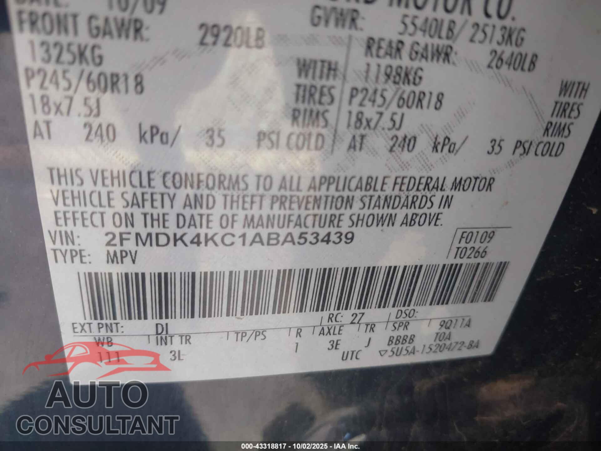 FORD EDGE 2010 - 2FMDK4KC1ABA53439
