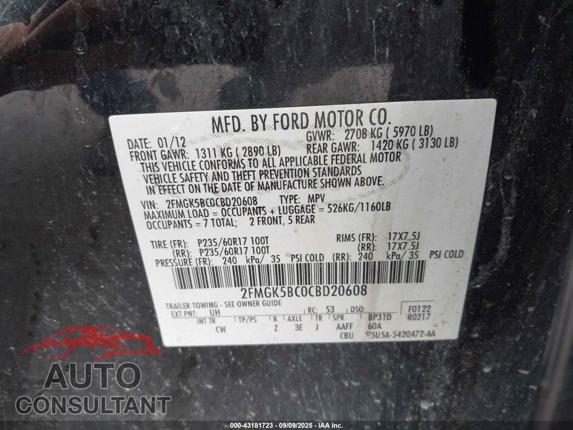 FORD FLEX 2012 - 2FMGK5BC0CBD20608