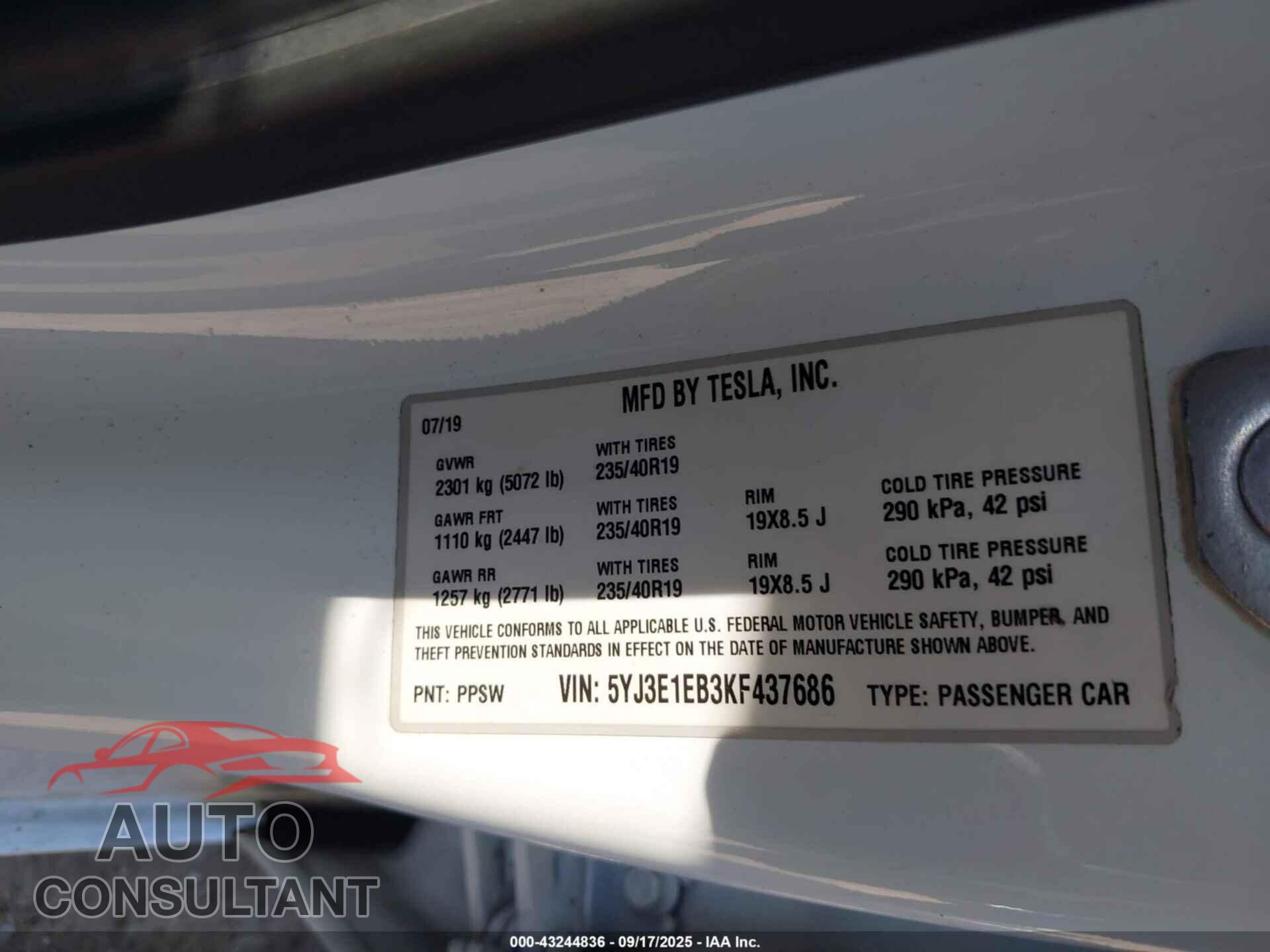 TESLA MODEL 3 2019 - 5YJ3E1EB3KF437686