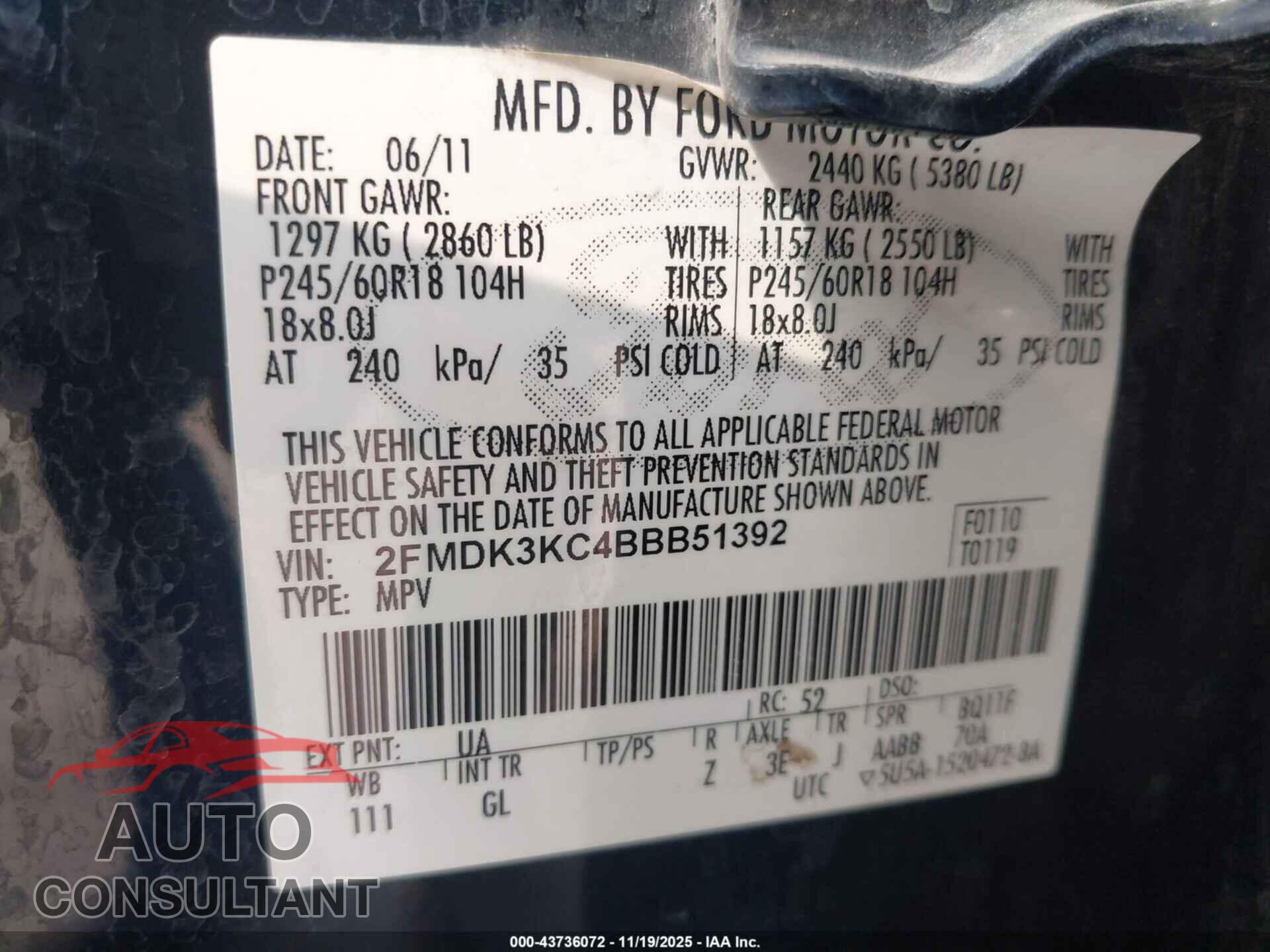 FORD EDGE 2011 - 2FMDK3KC4BBB51392