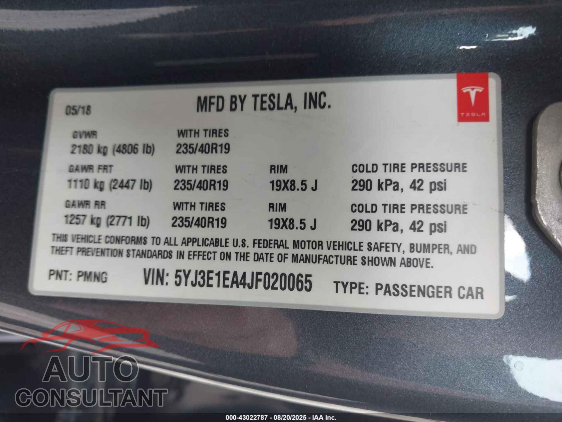 TESLA MODEL 3 2018 - 5YJ3E1EA4JF020065