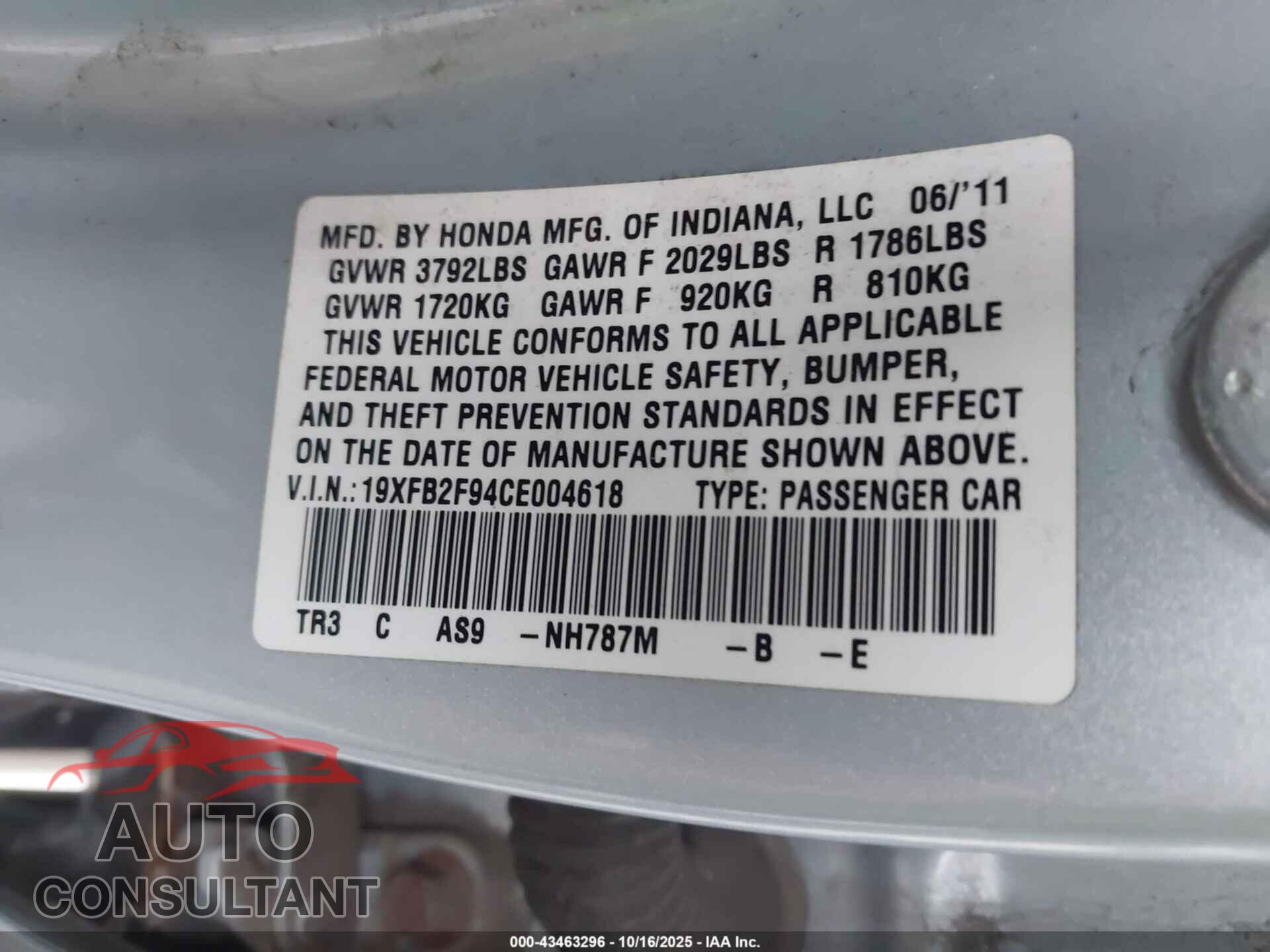 HONDA CIVIC 2012 - 19XFB2F94CE004618