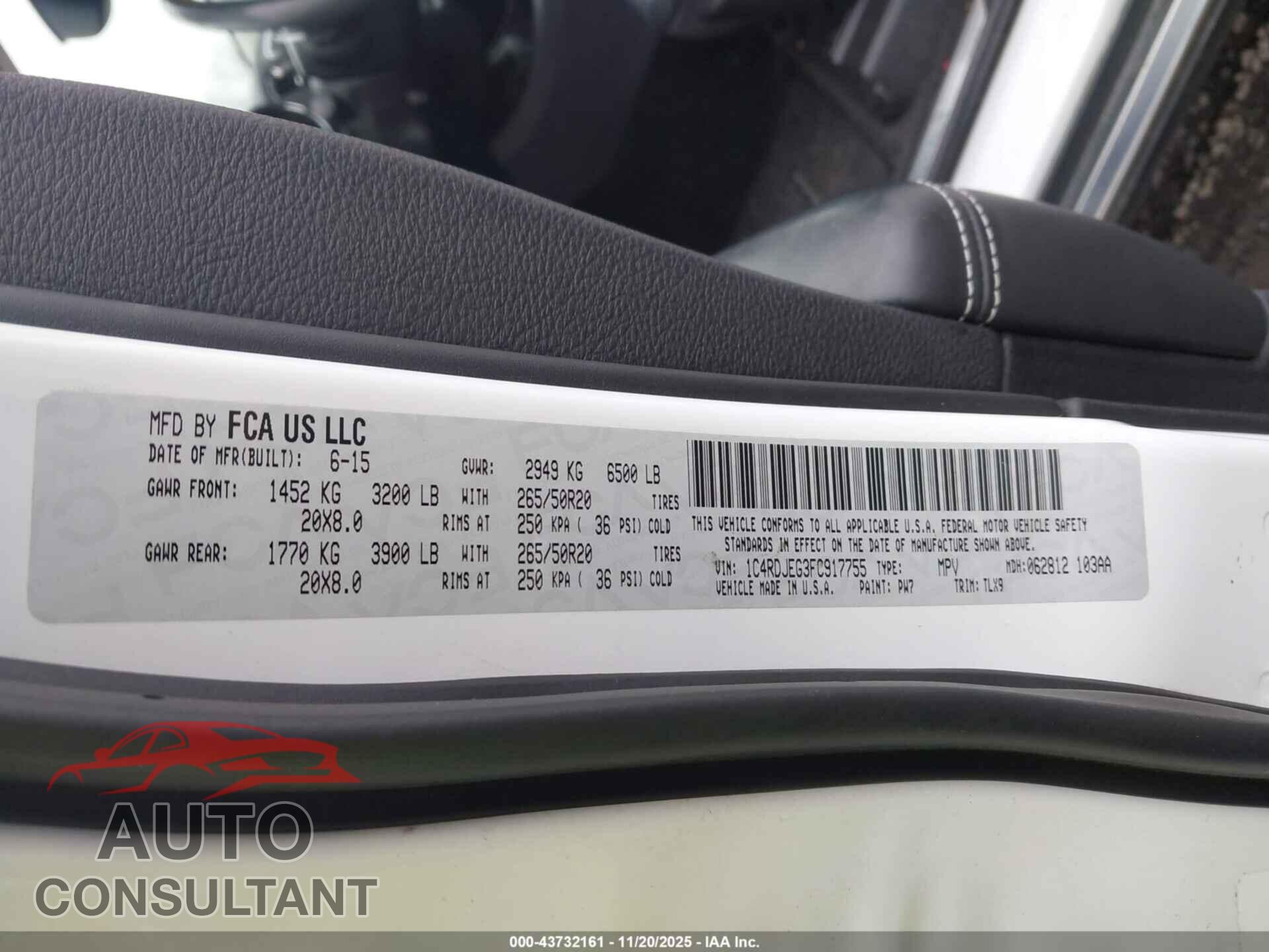 DODGE DURANGO 2015 - 1C4RDJEG3FC917755
