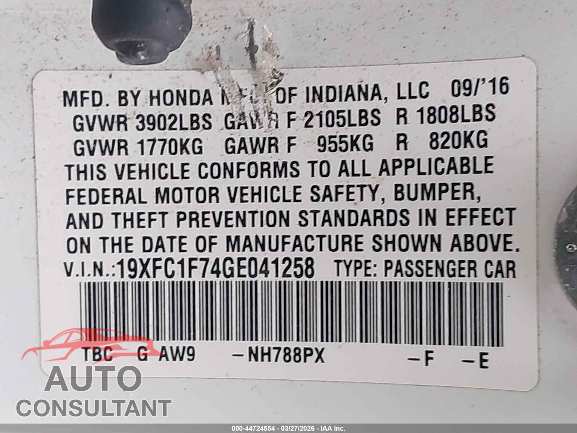 HONDA CIVIC 2016 - 19XFC1F74GE041258