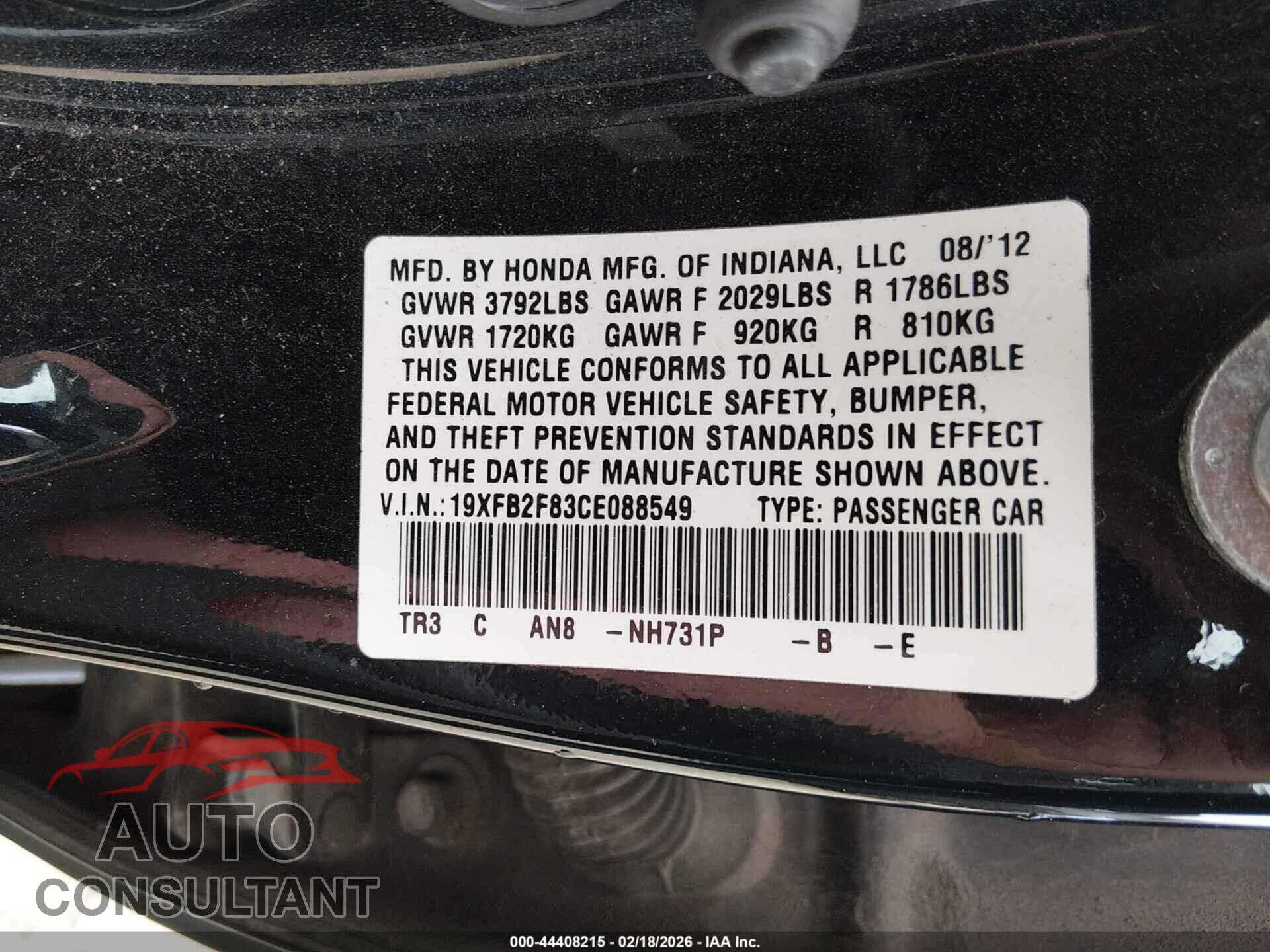 HONDA CIVIC 2012 - 19XFB2F83CE088549