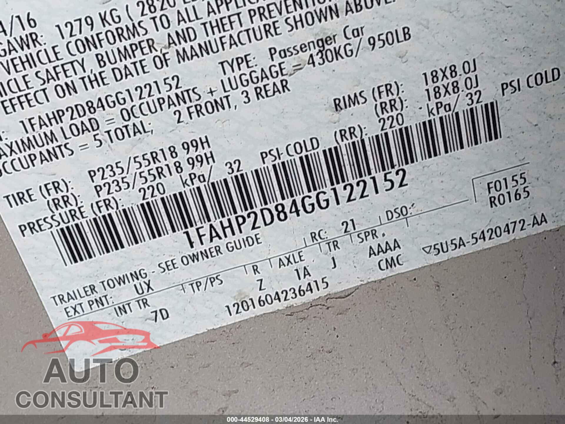 FORD TAURUS 2016 - 1FAHP2D84GG122152