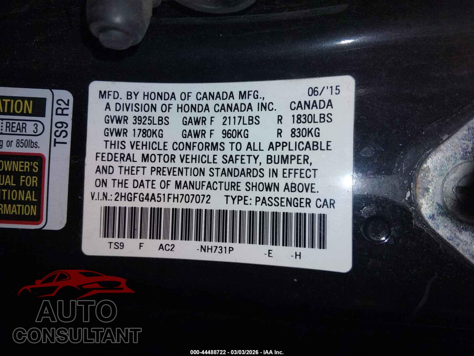 HONDA CIVIC 2015 - 2HGFG4A51FH707072
