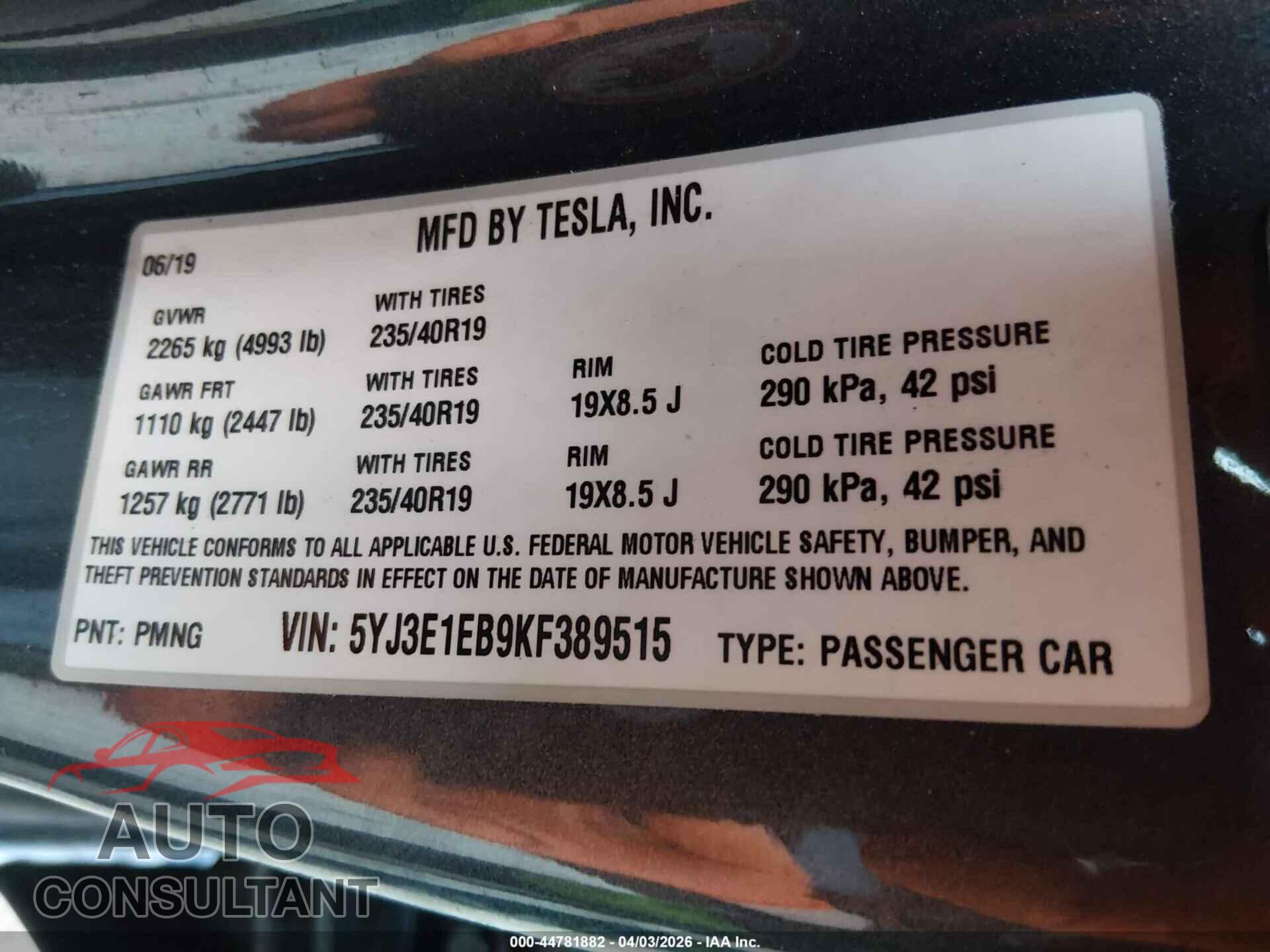 TESLA MODEL 3 2019 - 5YJ3E1EB9KF389515