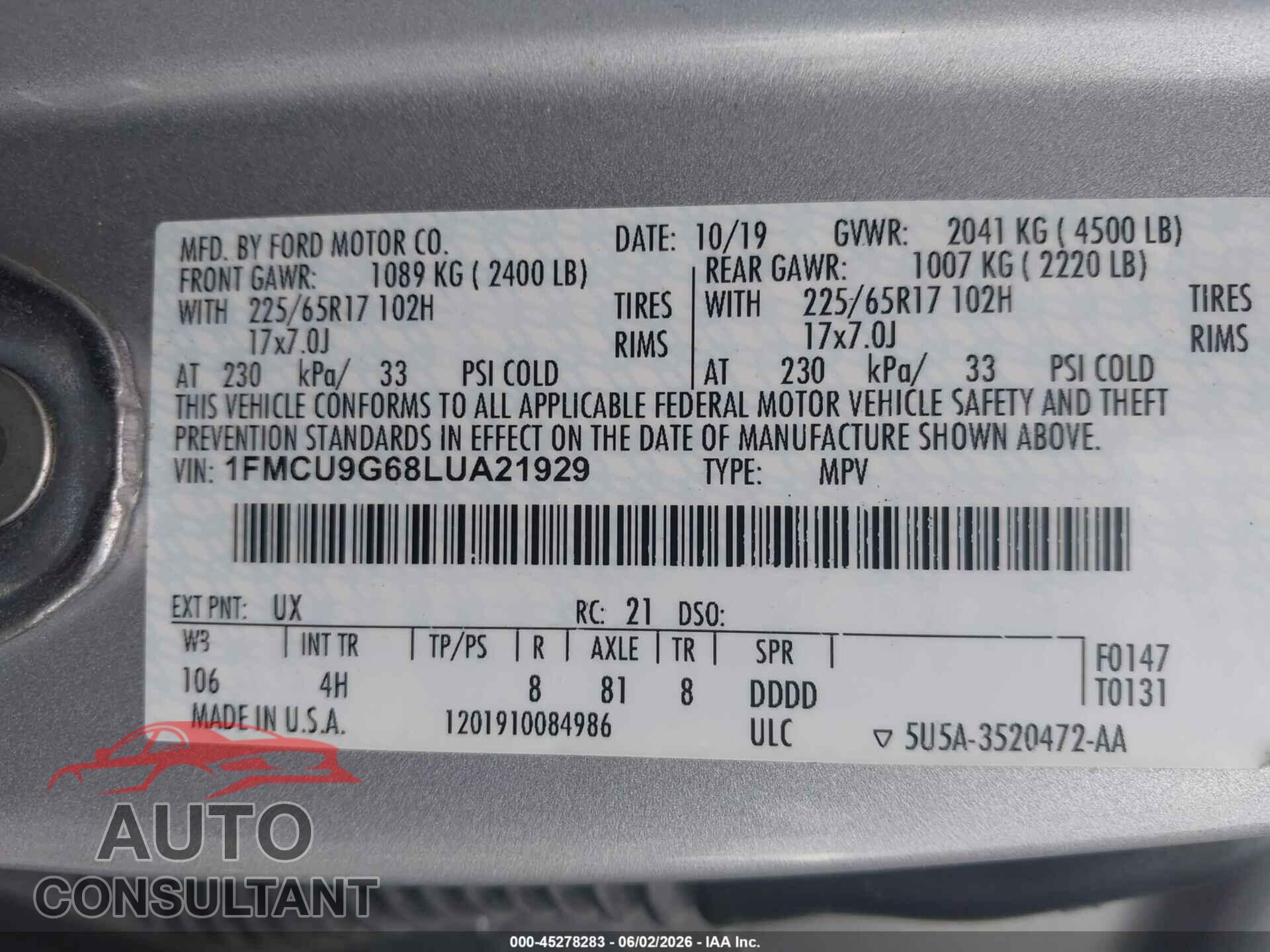 FORD ESCAPE 2020 - 1FMCU9G68LUA21929