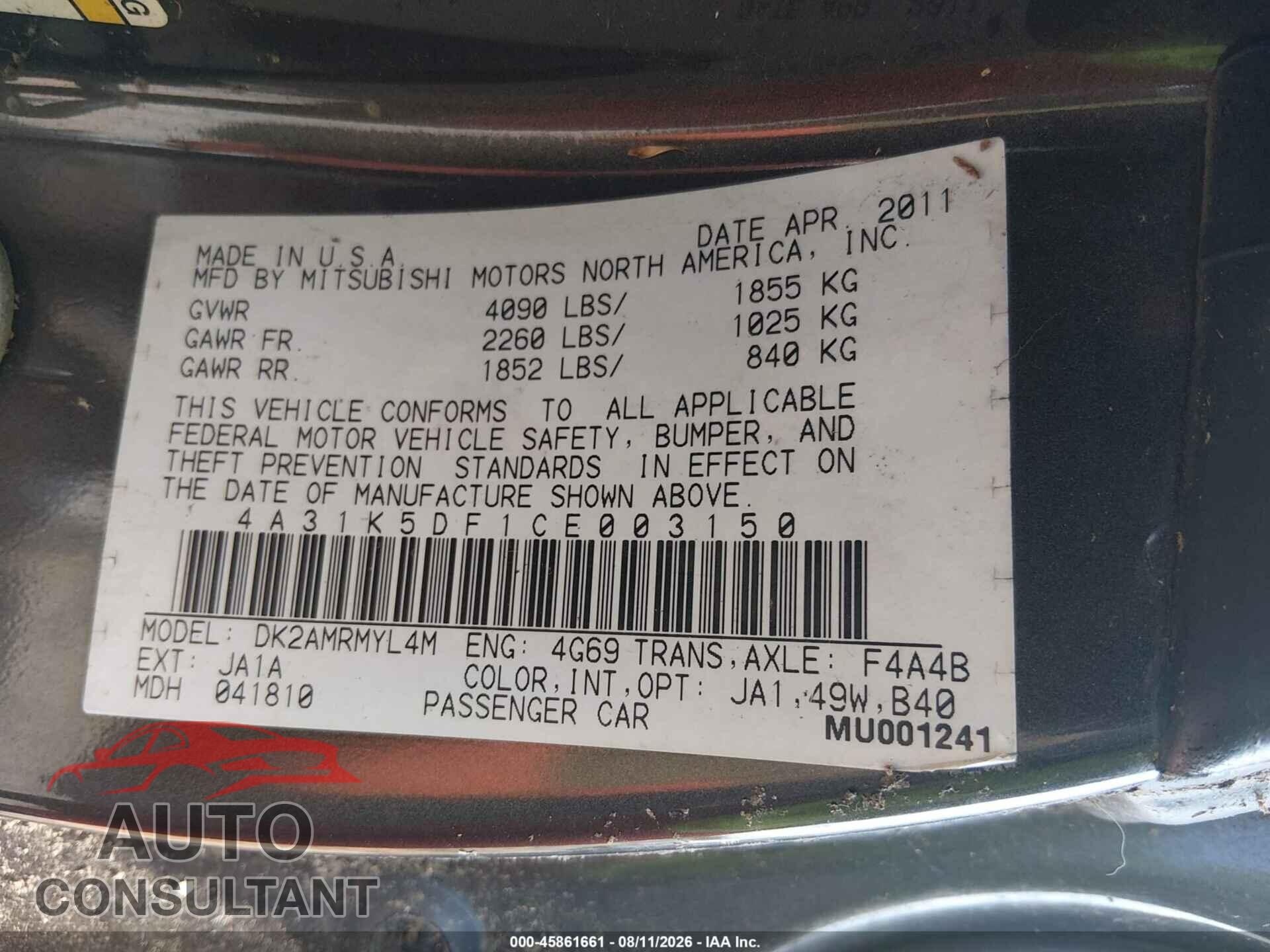 MITSUBISHI ECLIPSE 2012 - 4A31K5DF1CE003150