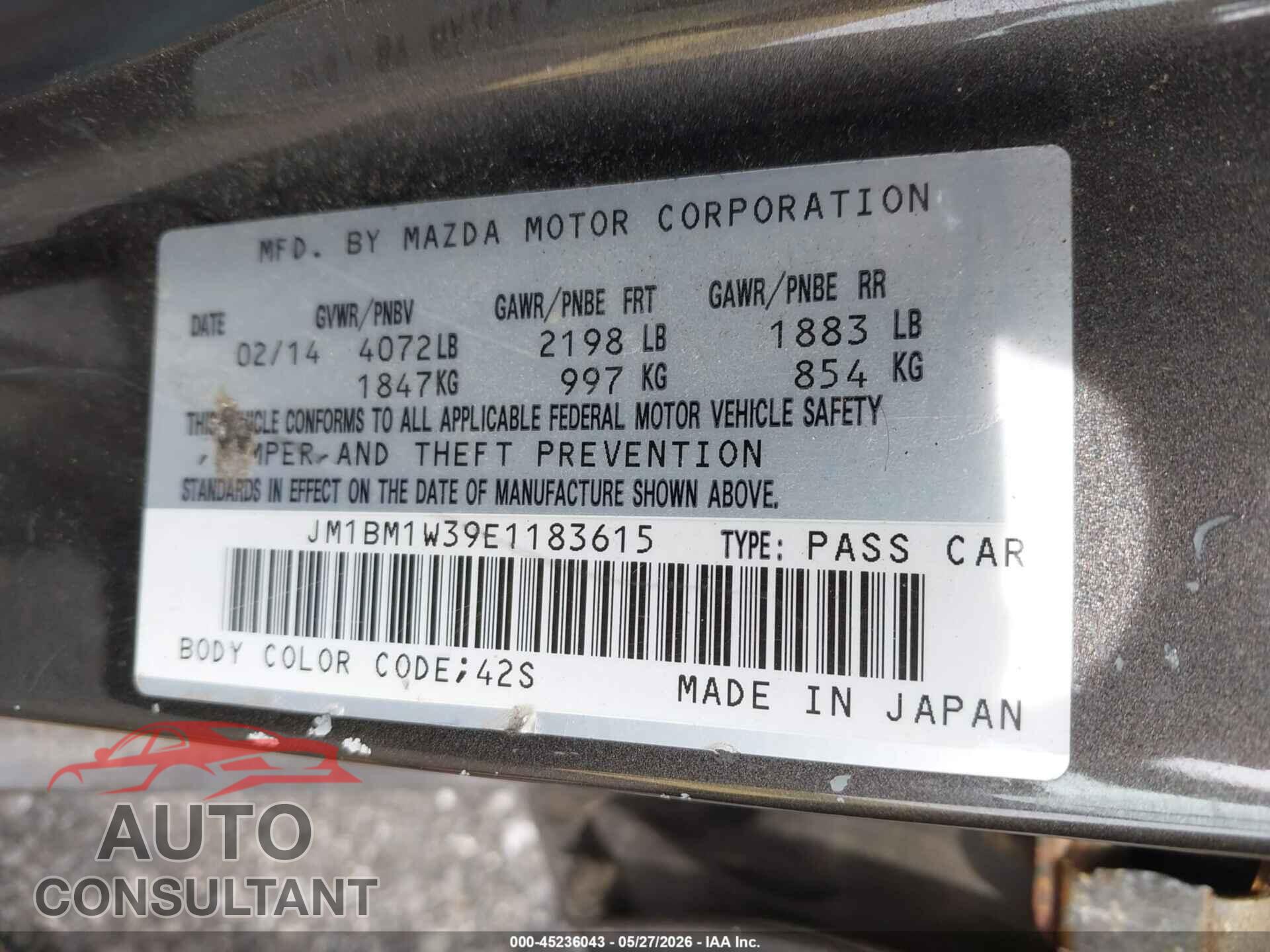 MAZDA MAZDA3 2014 - JM1BM1W39E1183615