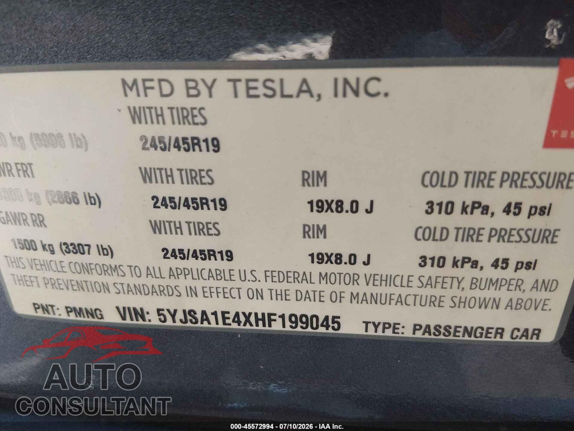 TESLA MODEL S 2017 - 5YJSA1E4XHF199045