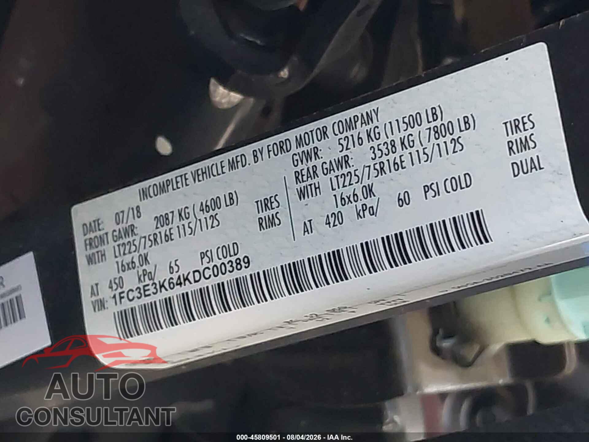 FORD E-350 STRIPPED 2019 - 1FC3E3K64KDC00389