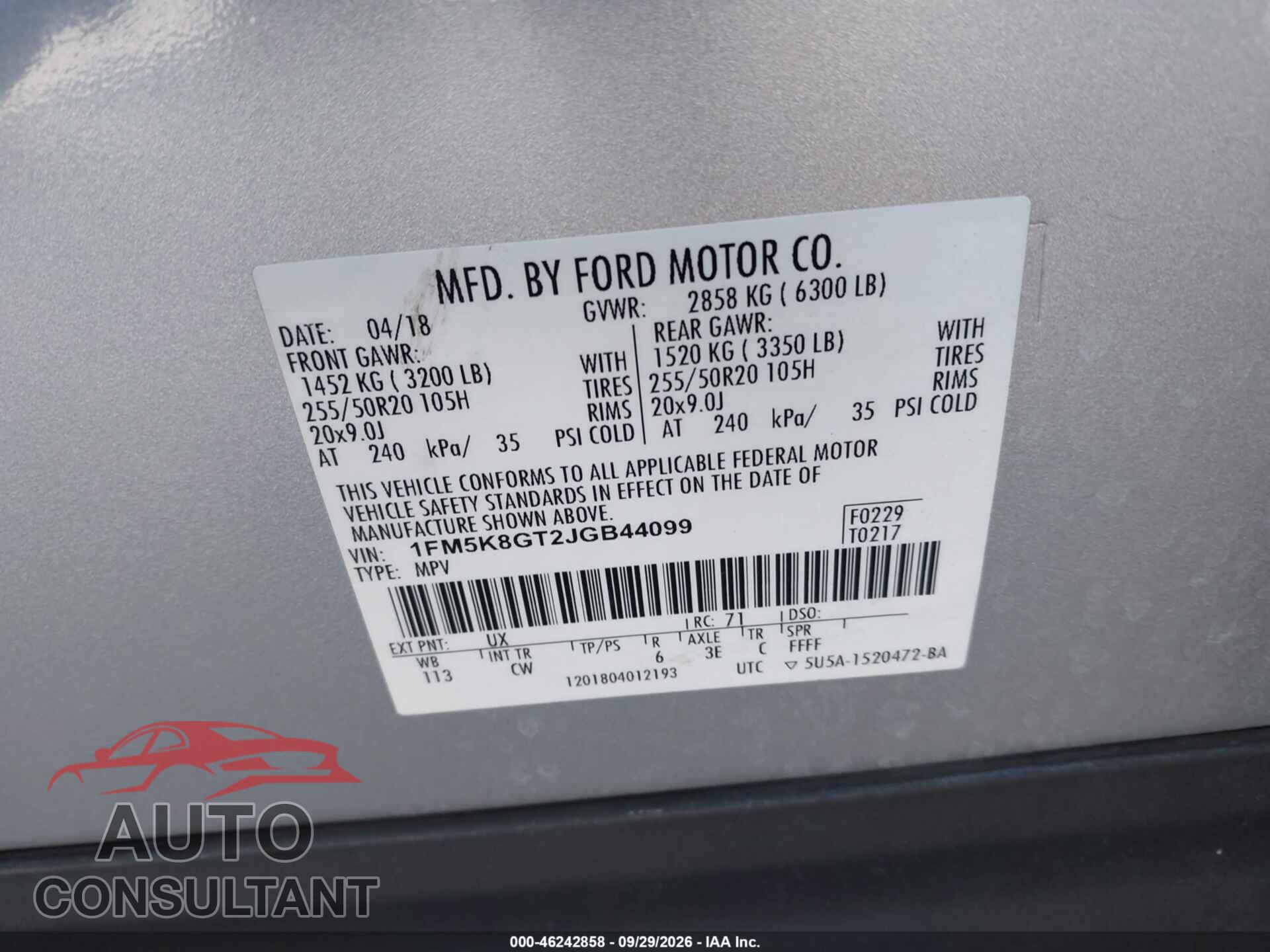 FORD EXPLORER 2018 - 1FM5K8GT2JGB44099