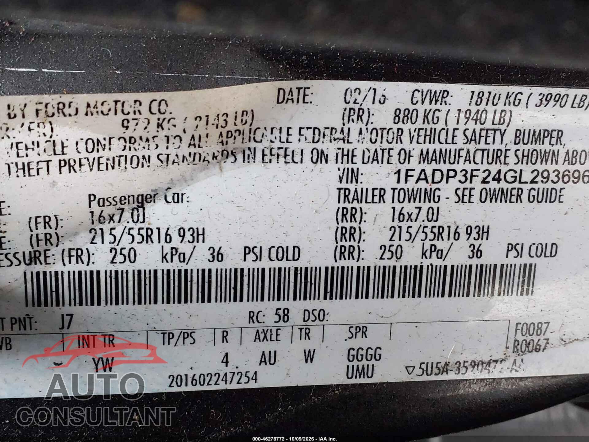 FORD FOCUS 2016 - 1FADP3F24GL293696