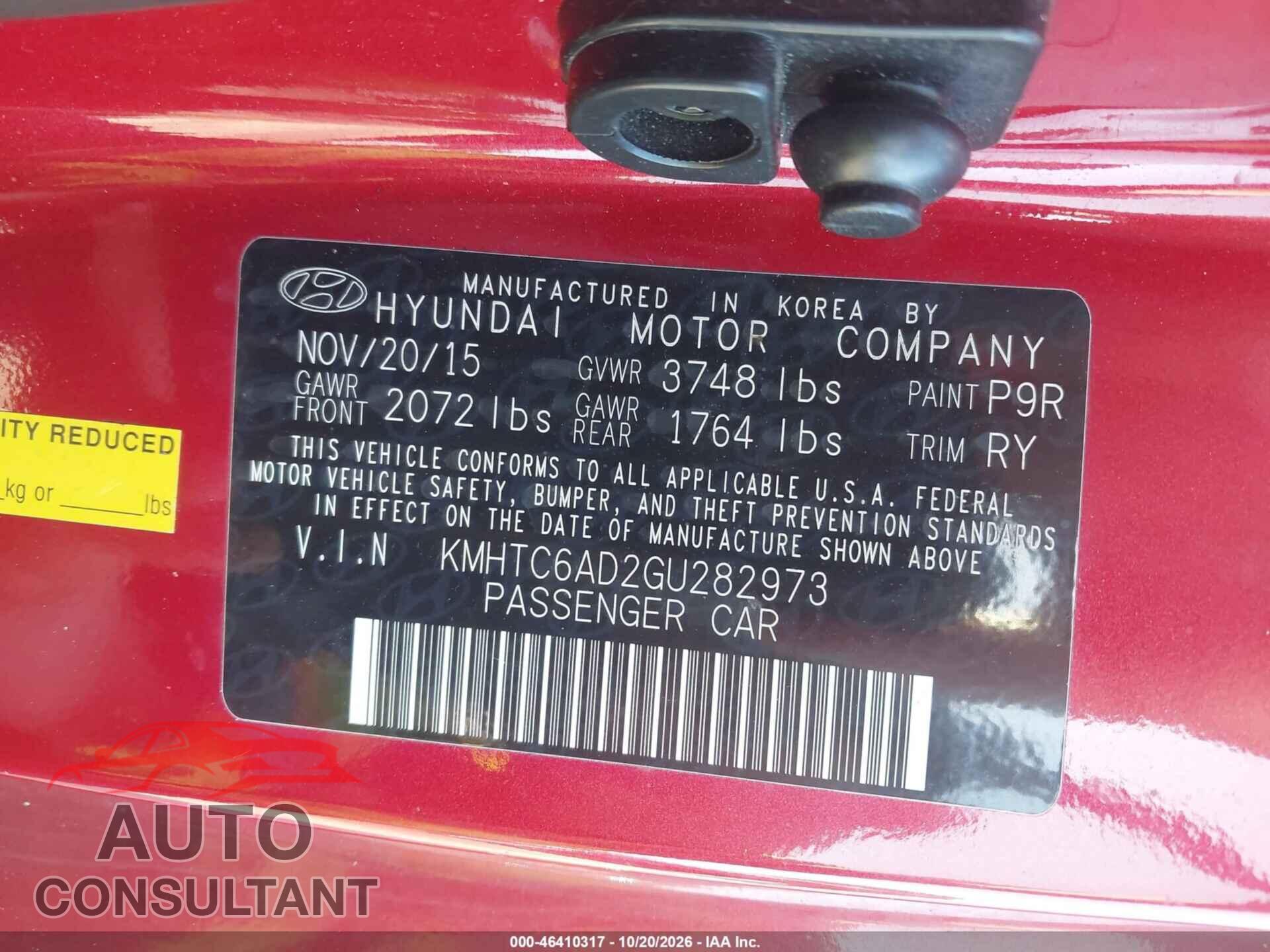 HYUNDAI VELOSTER 2016 - KMHTC6AD2GU282973