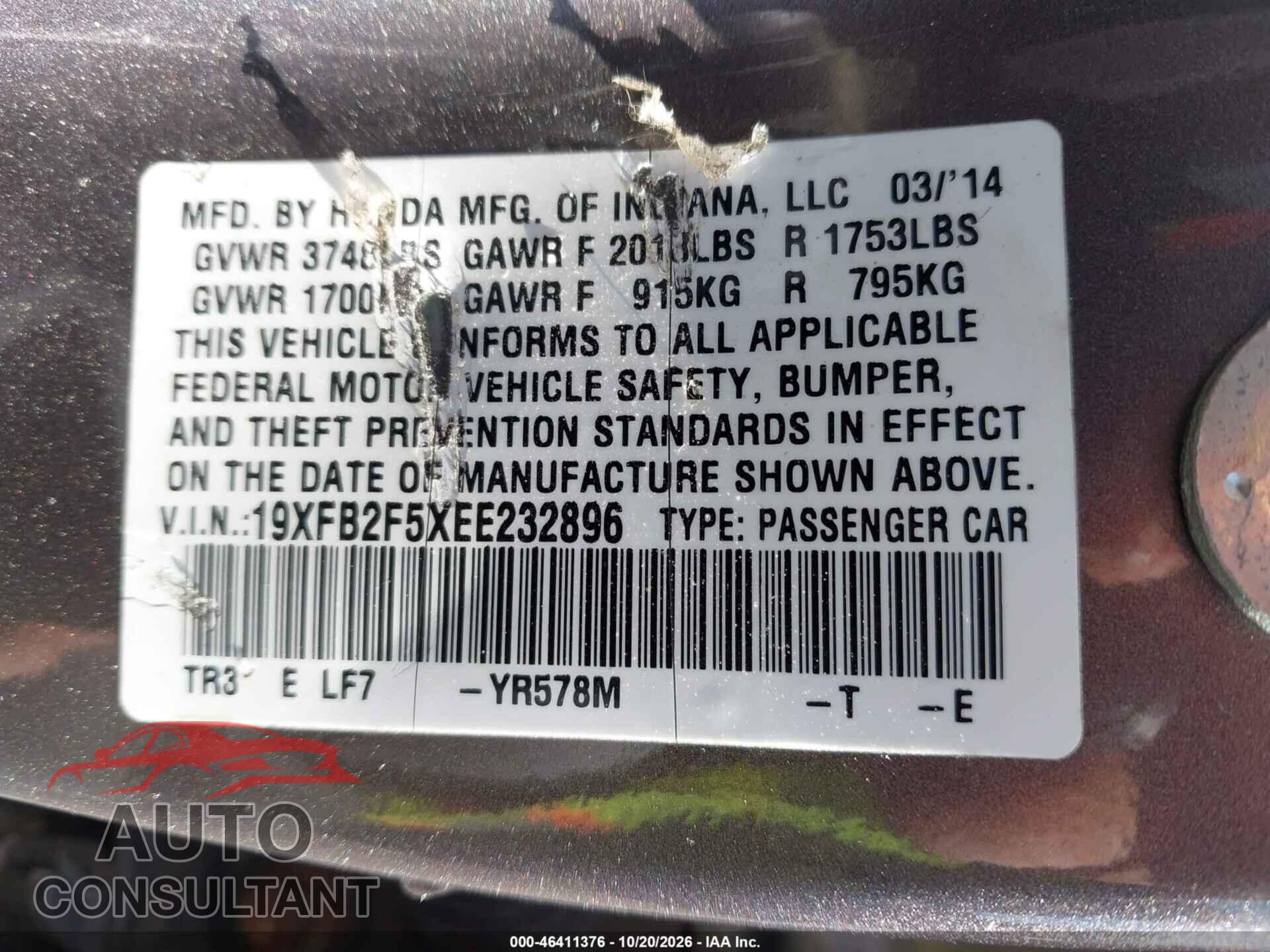 HONDA CIVIC 2014 - 19XFB2F5XEE232896