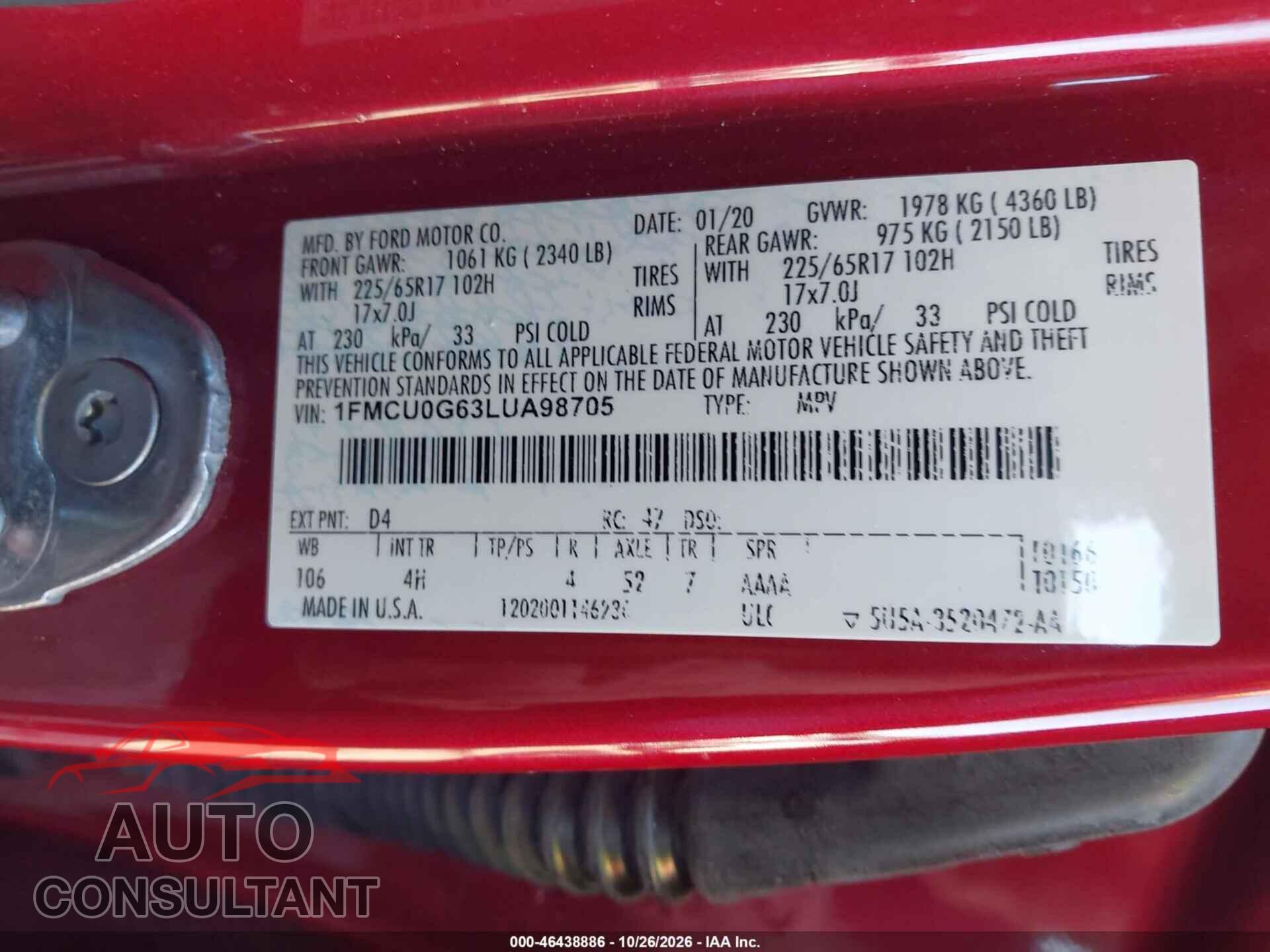 FORD ESCAPE 2020 - 1FMCU0G63LUA98705