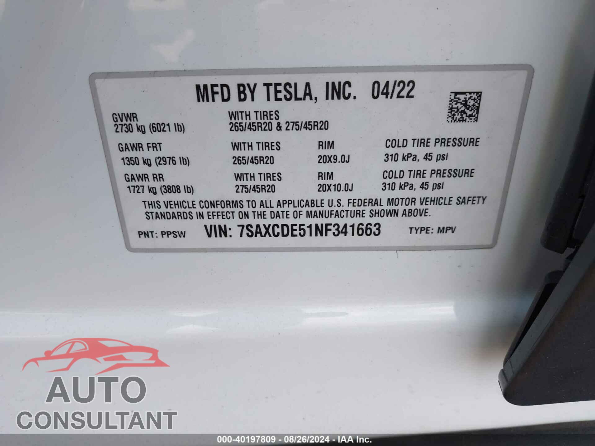 TESLA MODEL X 2022 - 7SAXCDE51NF341663
