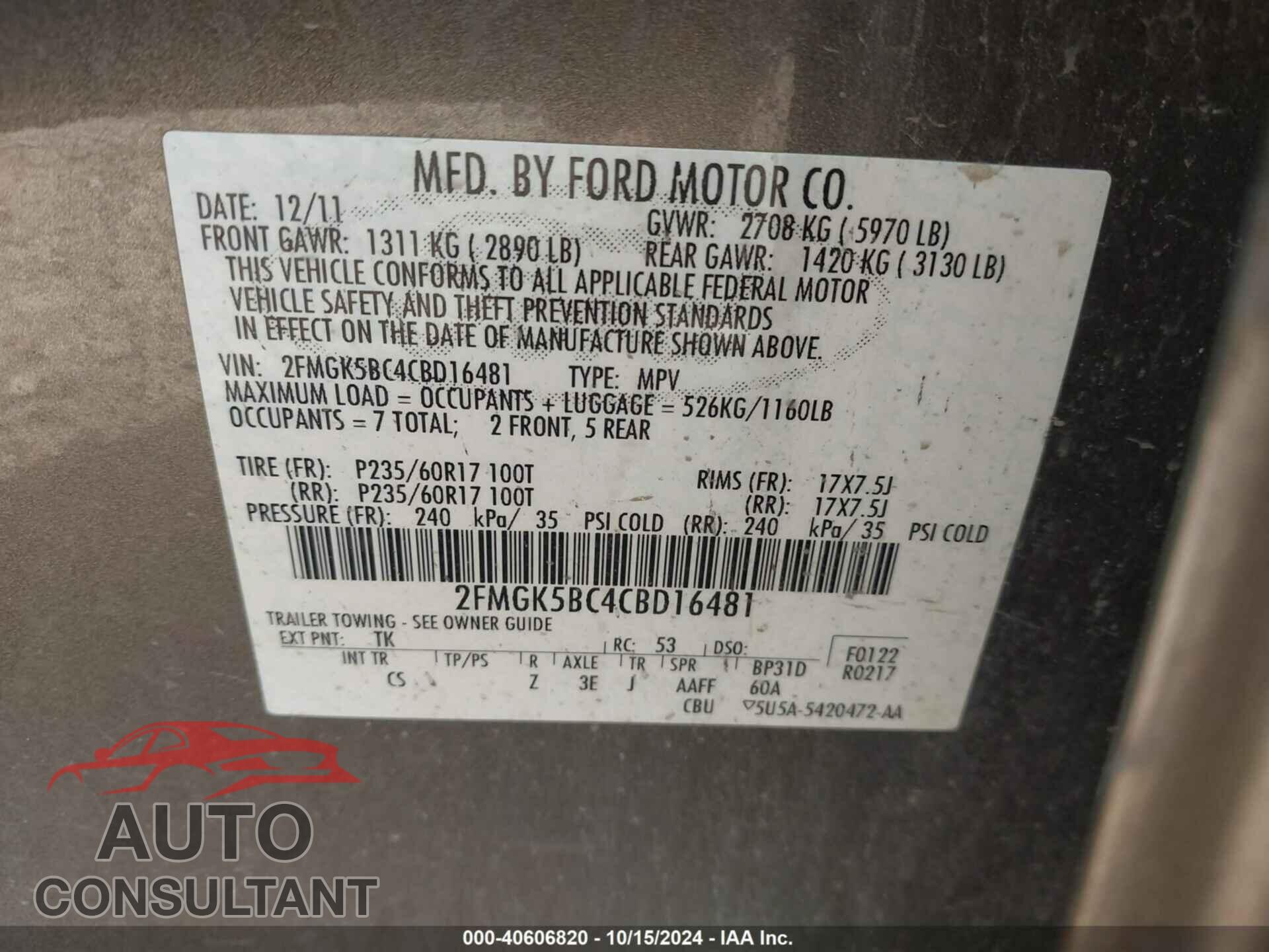 FORD FLEX 2012 - 2FMGK5BC4CBD16481