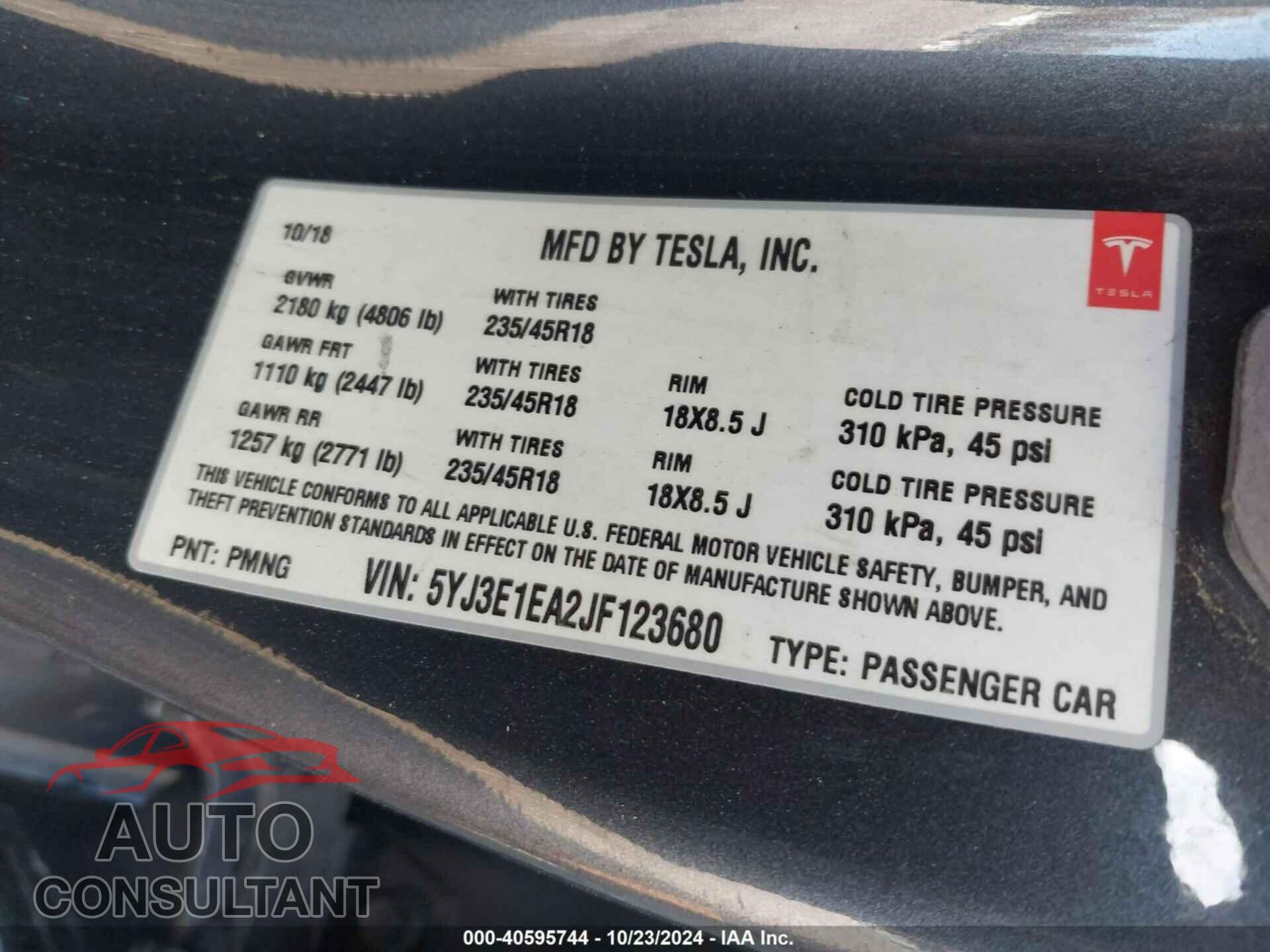 TESLA MODEL 3 2018 - 5YJ3E1EA2JF123680
