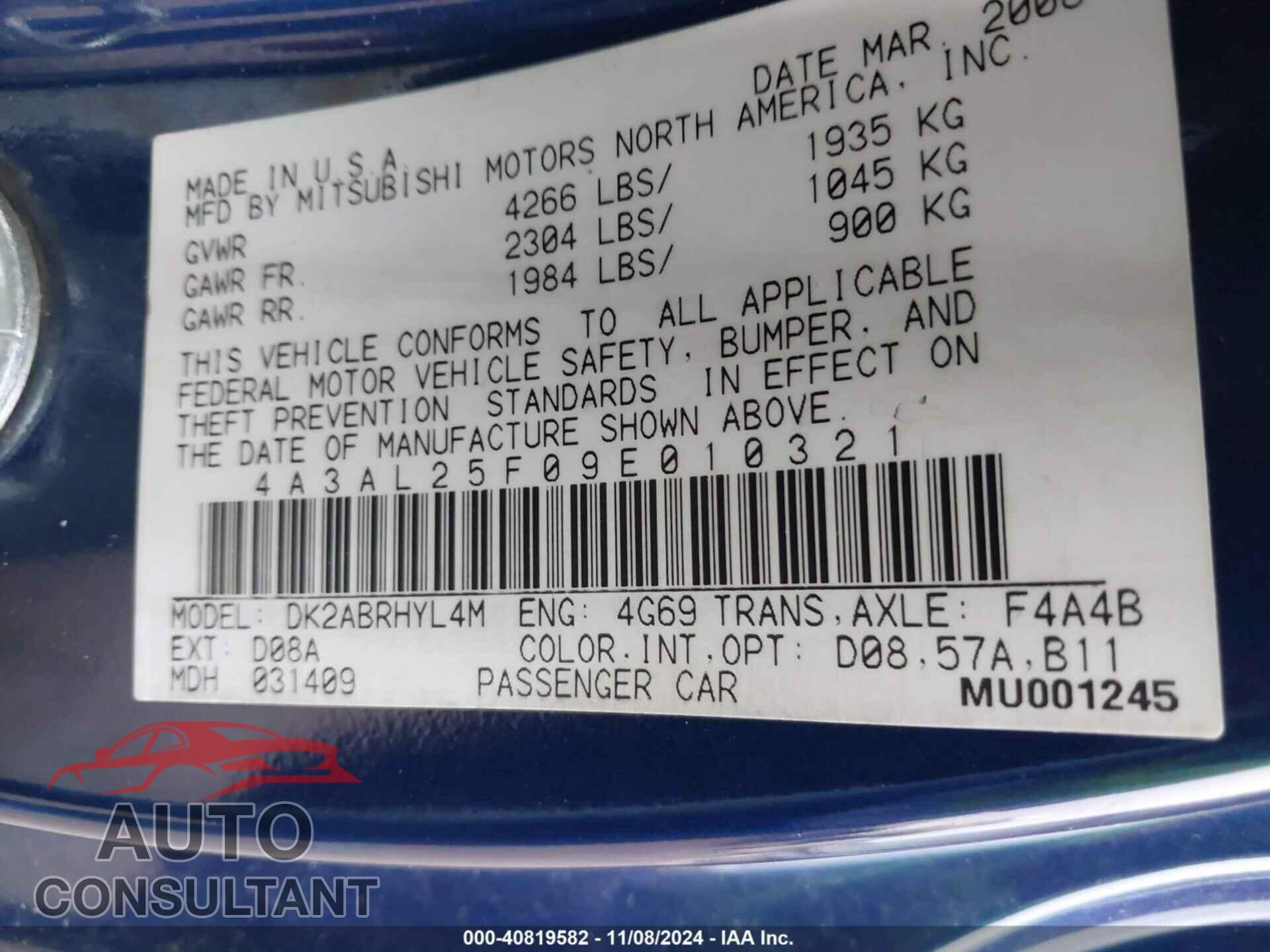MITSUBISHI ECLIPSE SPYDER 2009 - 4A3AL25F09E010321