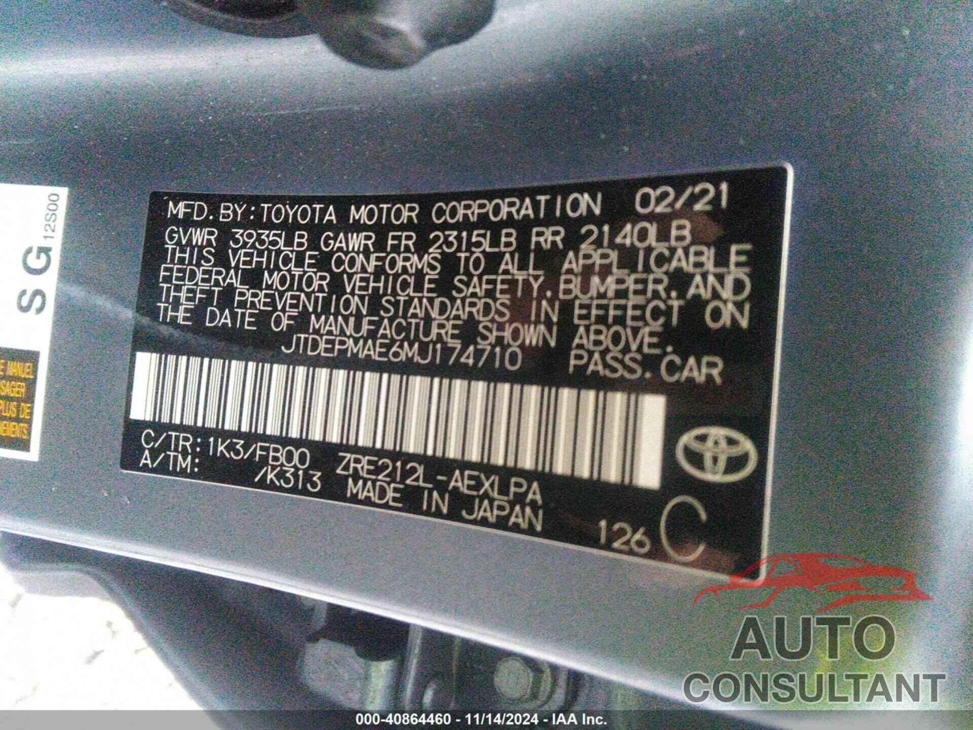 TOYOTA COROLLA 2021 - JTDEPMAE6MJ174710