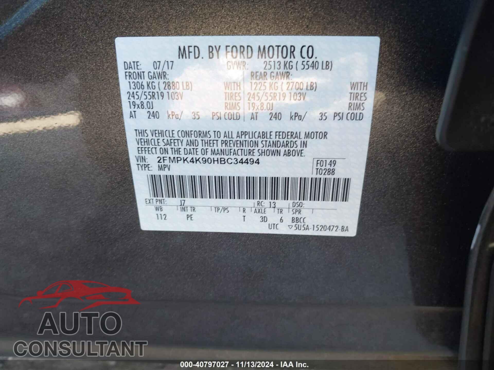 FORD EDGE 2017 - 2FMPK4K90HBC34494