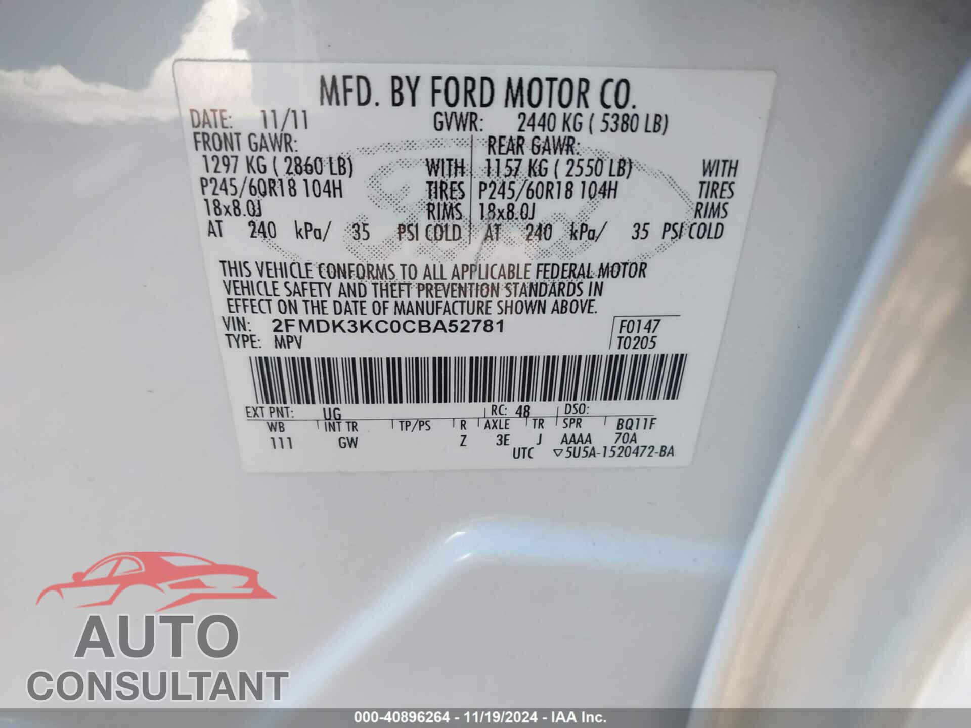 FORD EDGE 2012 - 2FMDK3KC0CBA52781