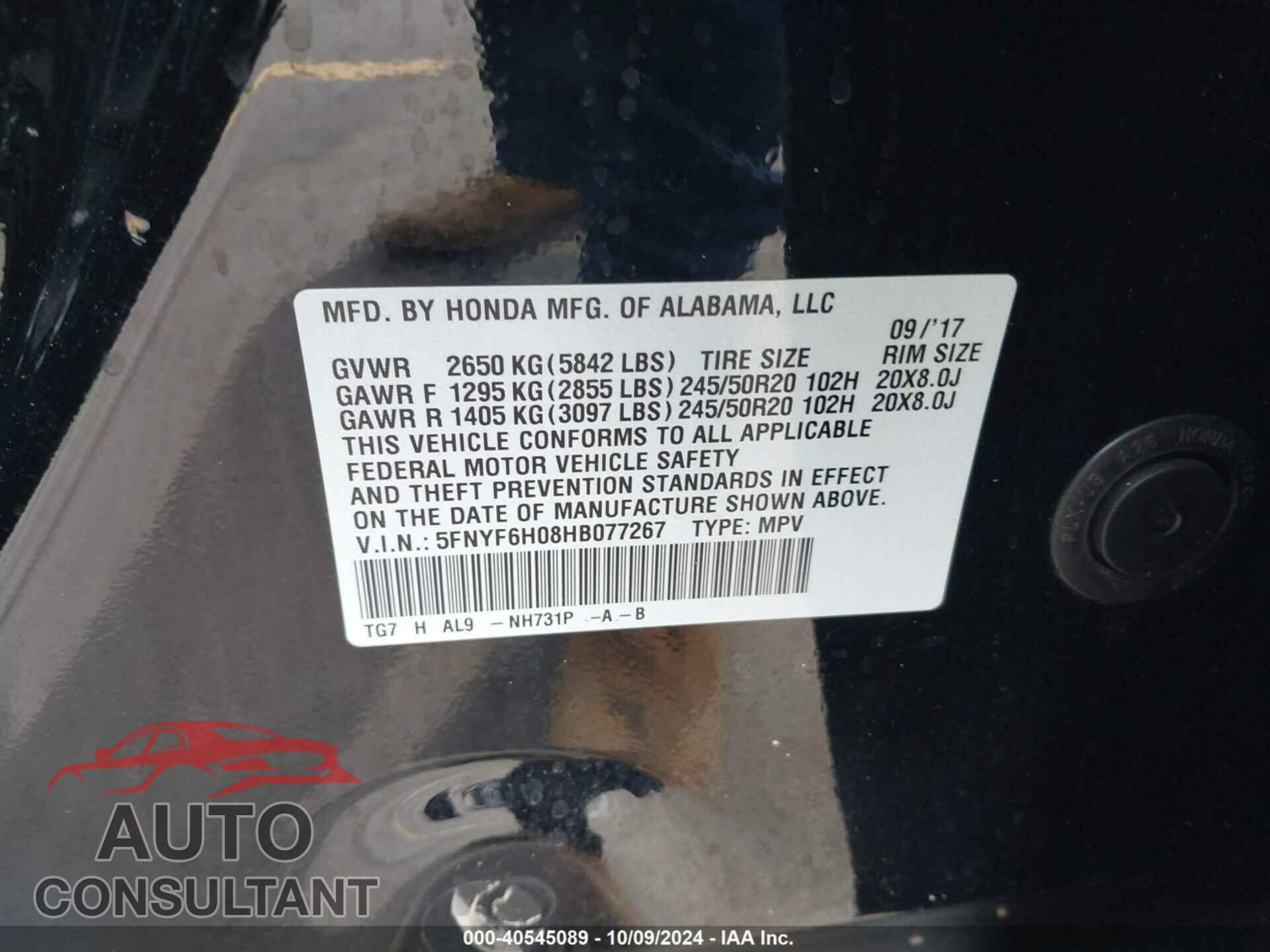 HONDA PILOT 2017 - 5FNYF6H08HB077267
