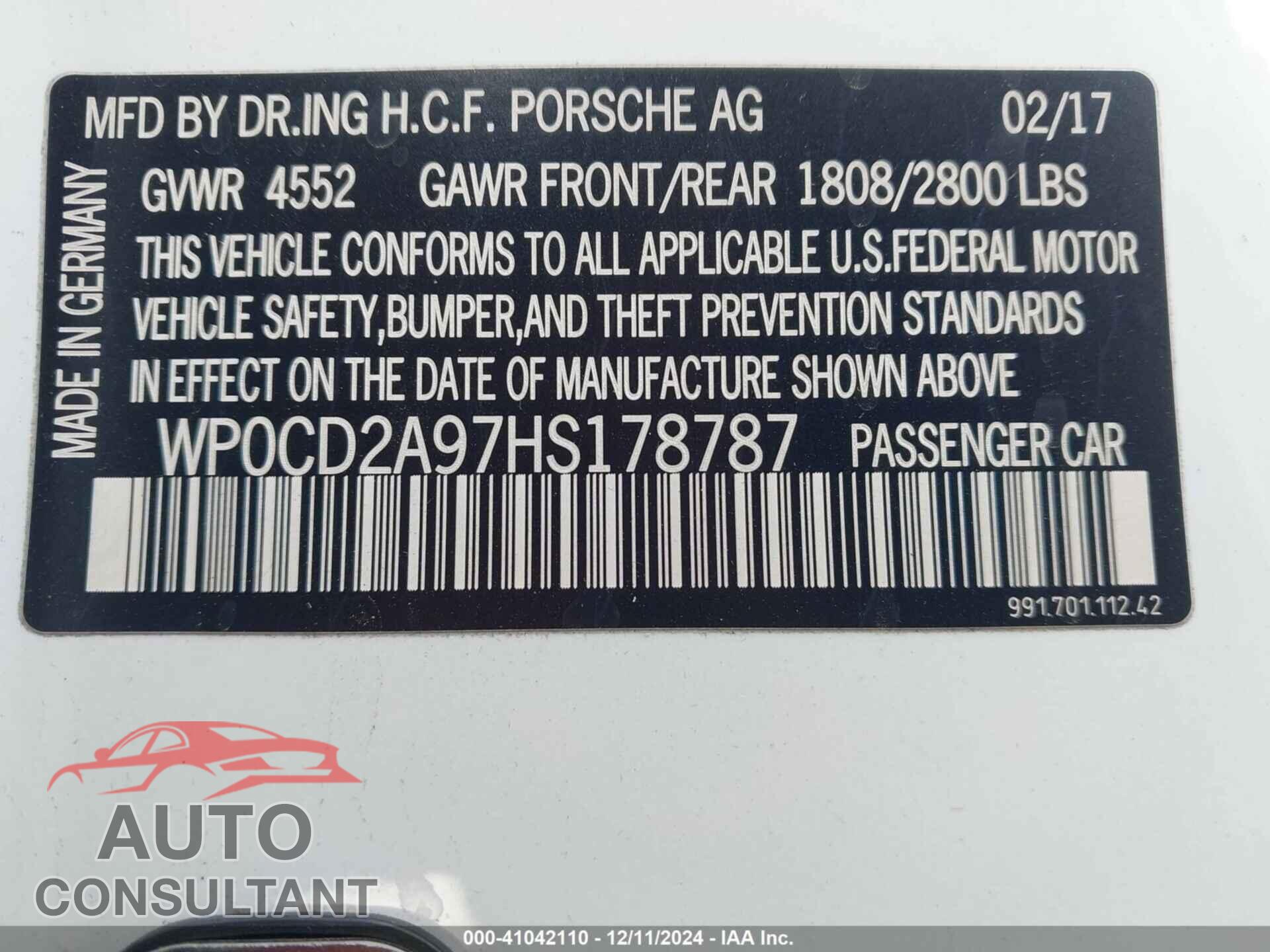 PORSCHE 911 2017 - WP0CD2A97HS178787