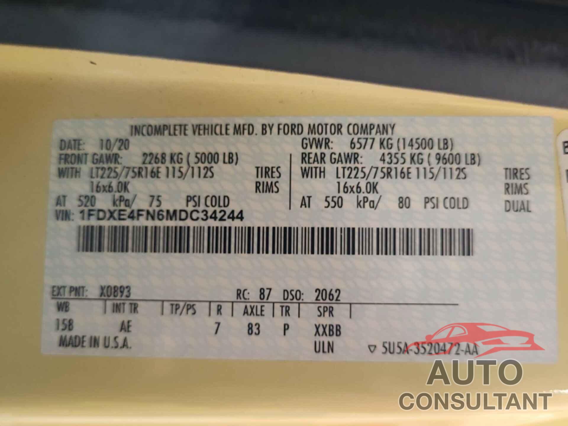FORD E-450 CUTAWAY 2021 - 1FDXE4FN6MDC34244
