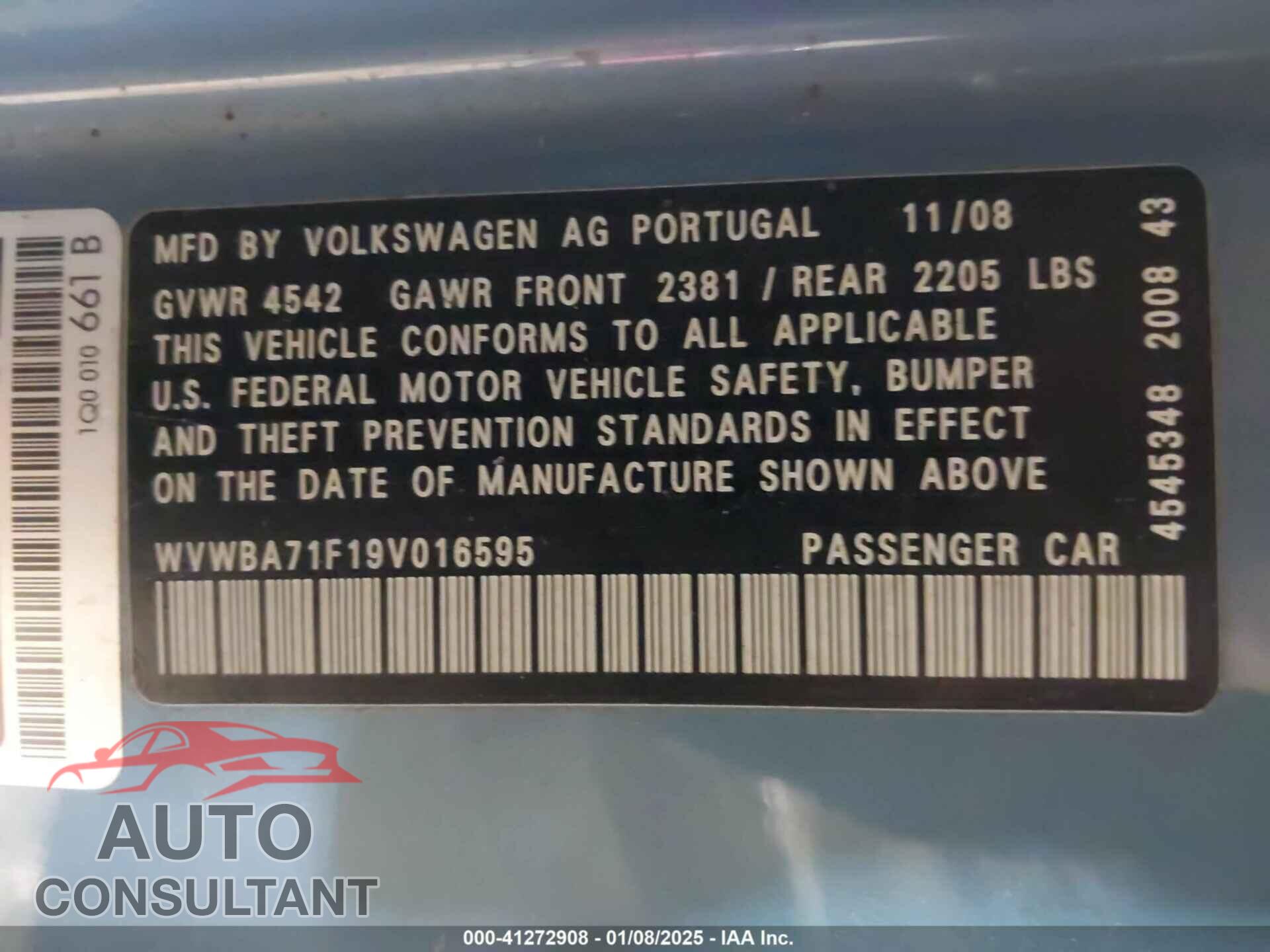 VOLKSWAGEN EOS 2009 - WVWBA71F19V016595