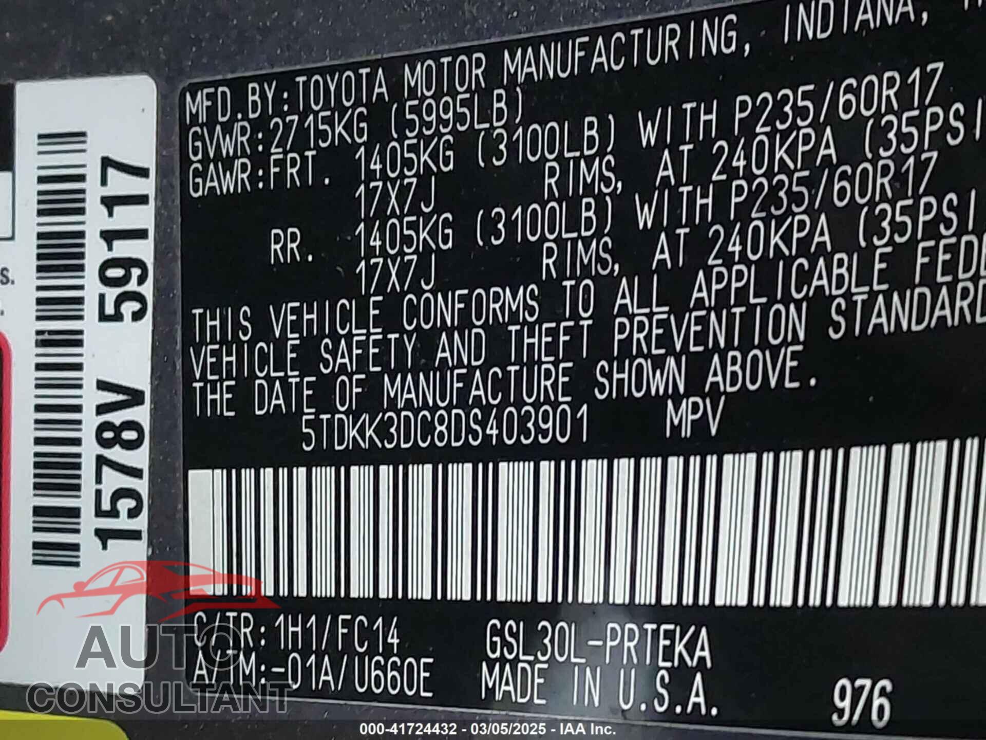 TOYOTA SIENNA 2013 - 5TDKK3DC8DS403901