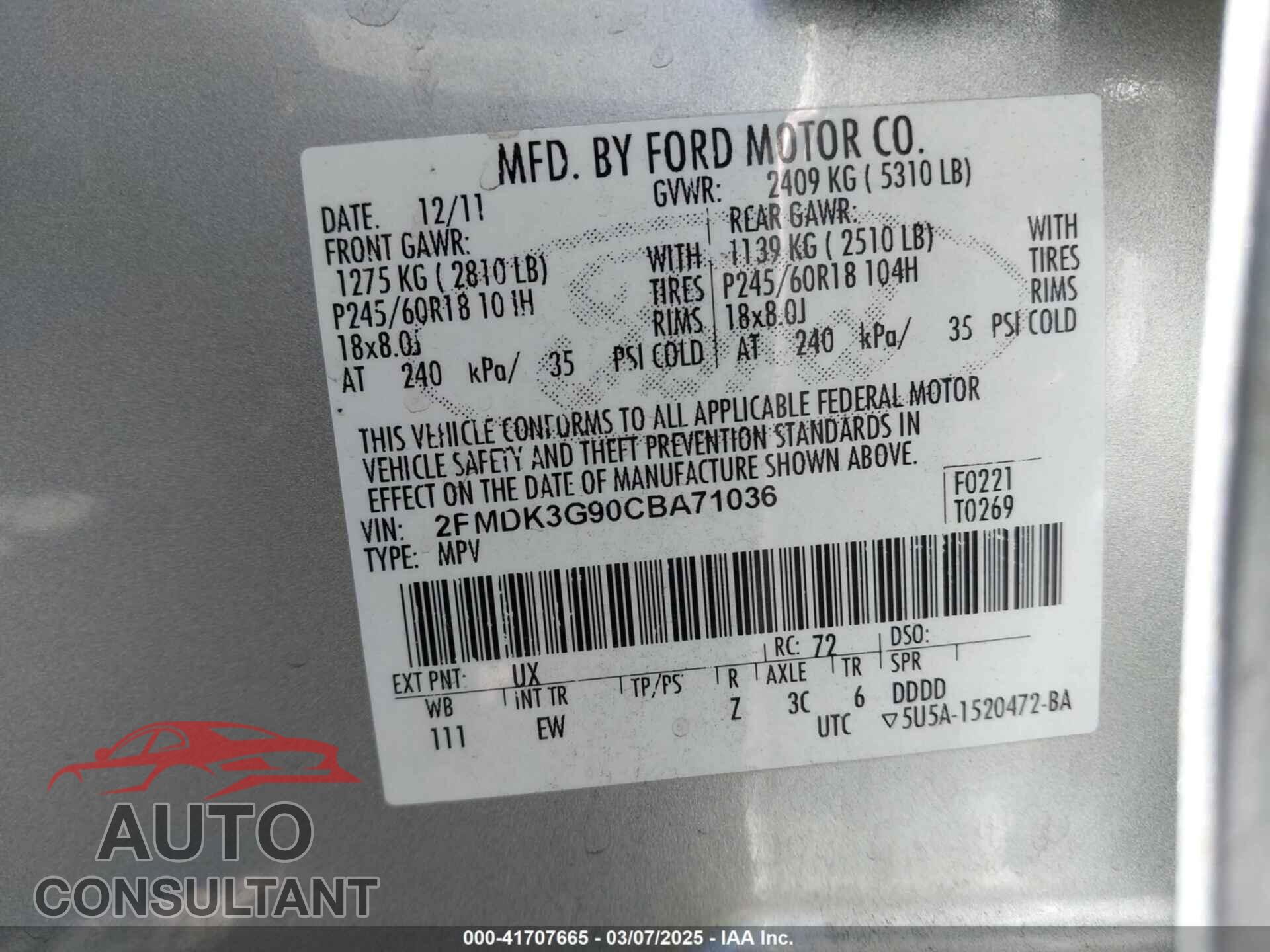 FORD EDGE 2012 - 2FMDK3G90CBA71036