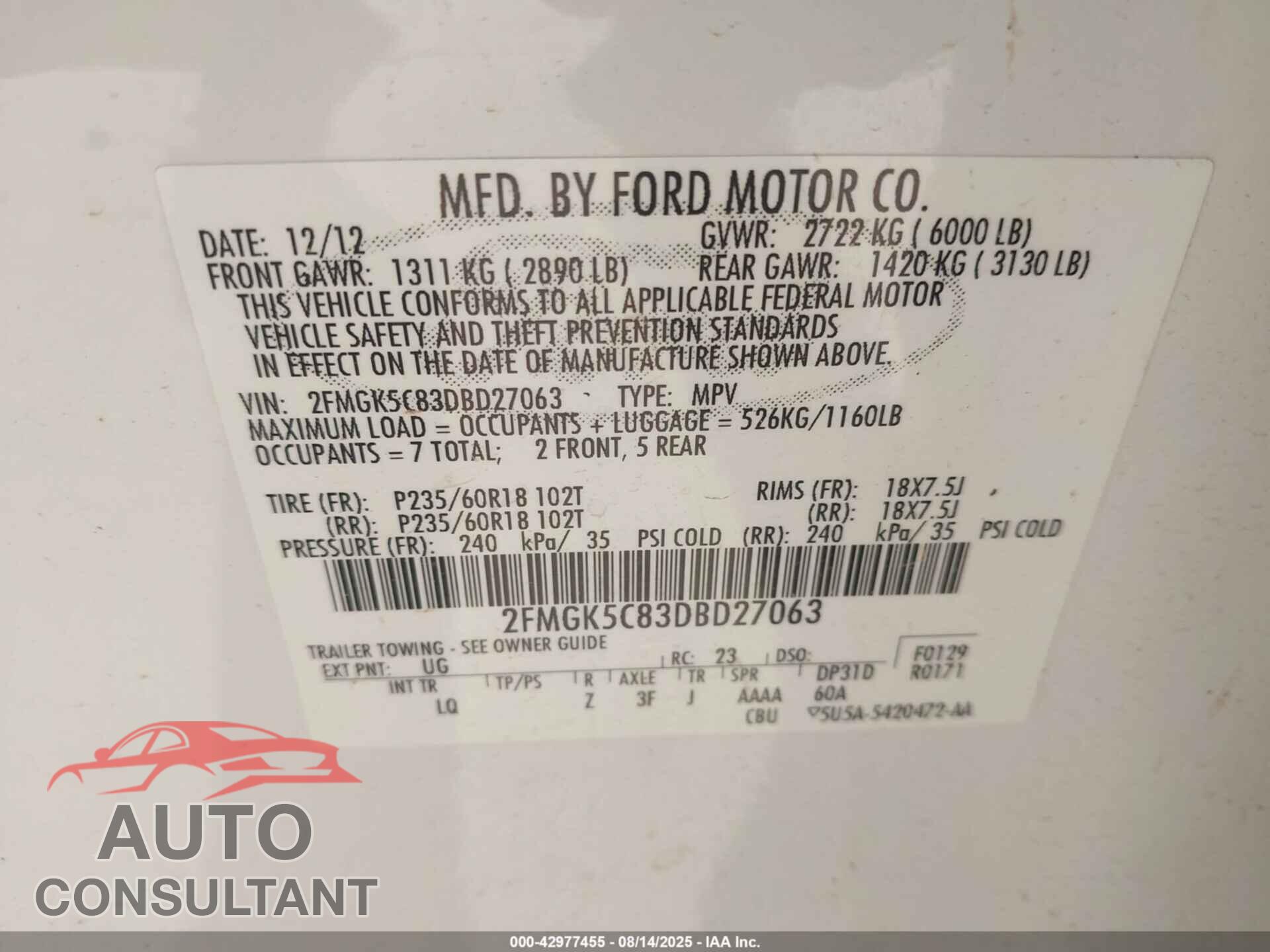 FORD FLEX 2013 - 2FMGK5C83DBD27063