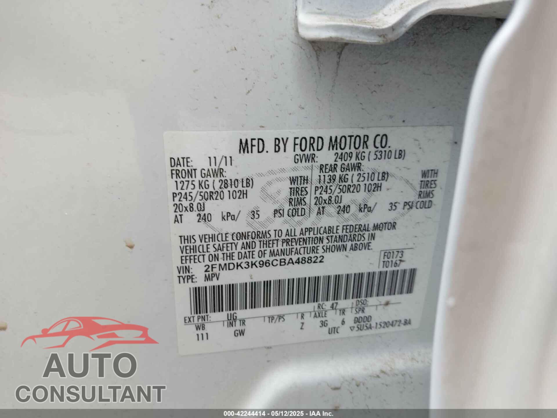 FORD EDGE 2012 - 2FMDK3K96CBA48822
