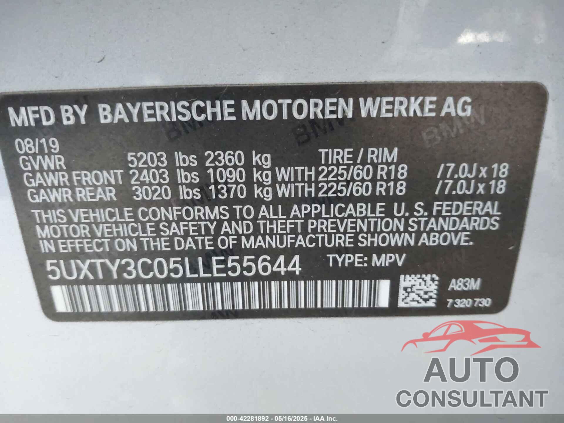 BMW X3 2020 - 5UXTY3C05LLE55644