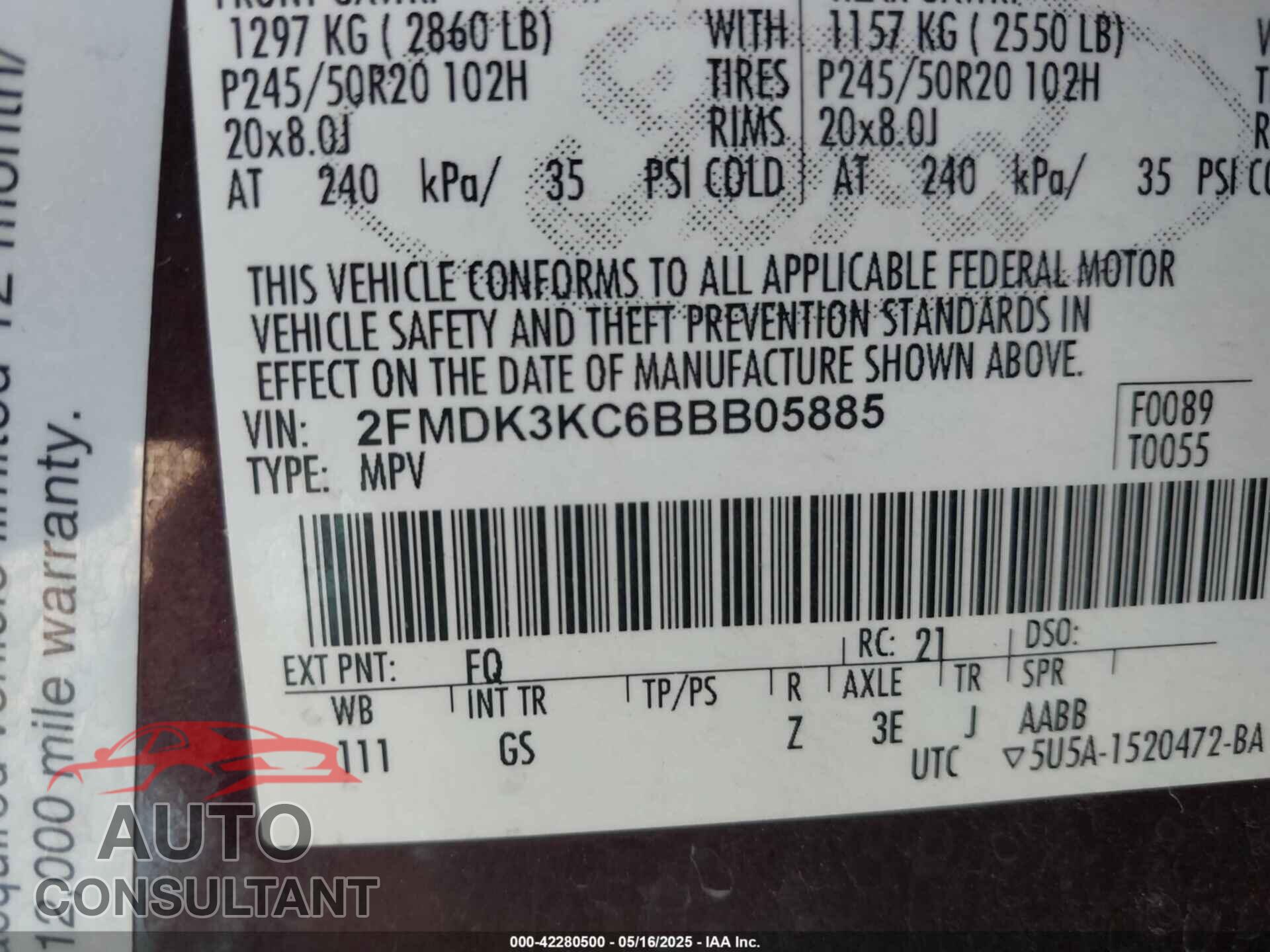 FORD EDGE 2011 - 2FMDK3KC6BBB05885