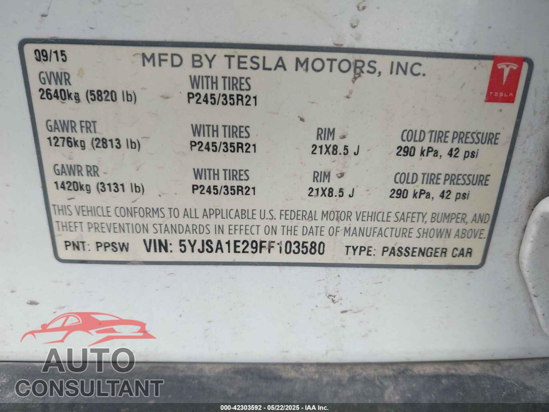 TESLA MODEL S 2015 - 5YJSA1E29FF103580