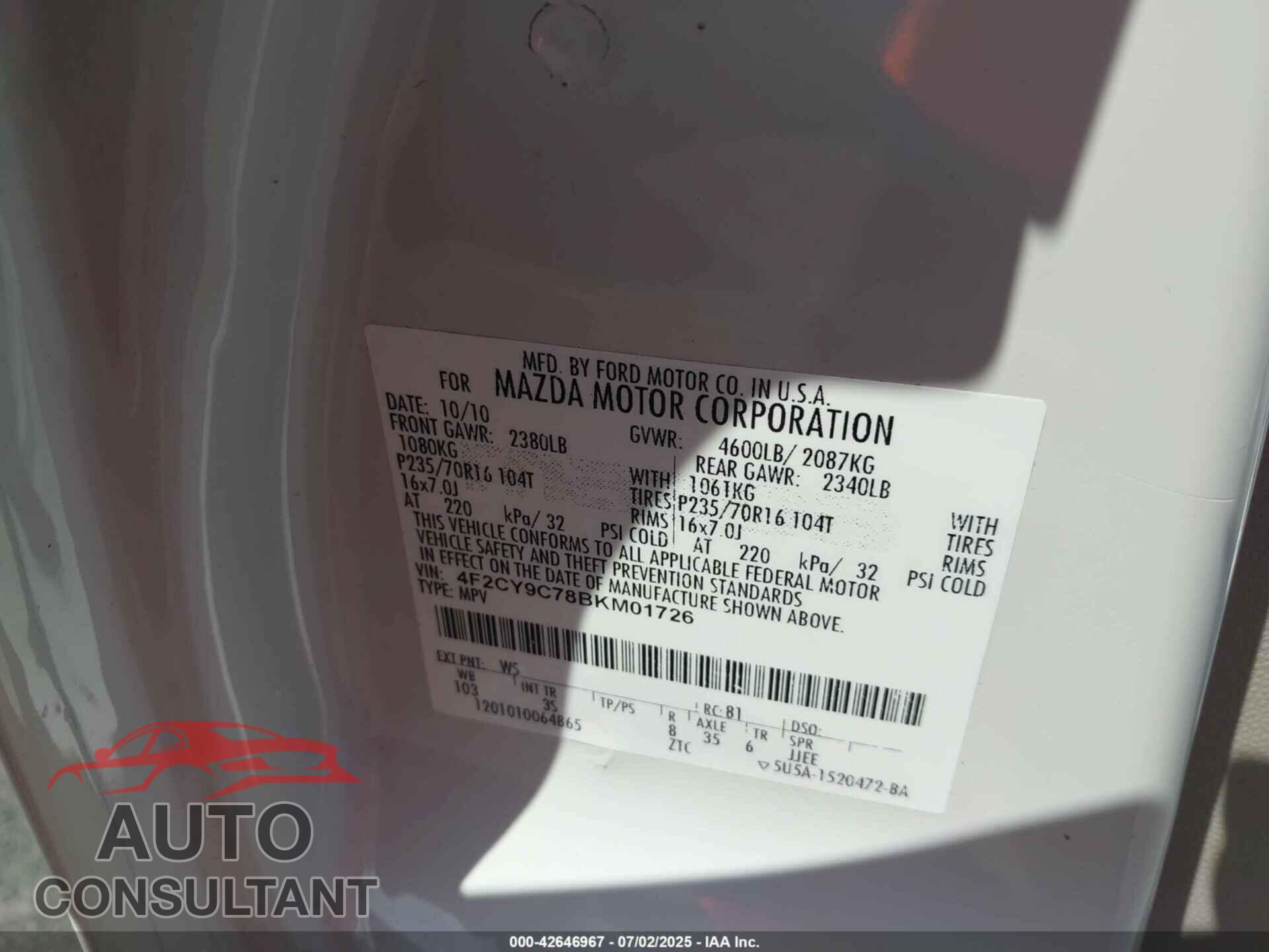 MAZDA TRIBUTE 2011 - 4F2CY9C78BKM01726