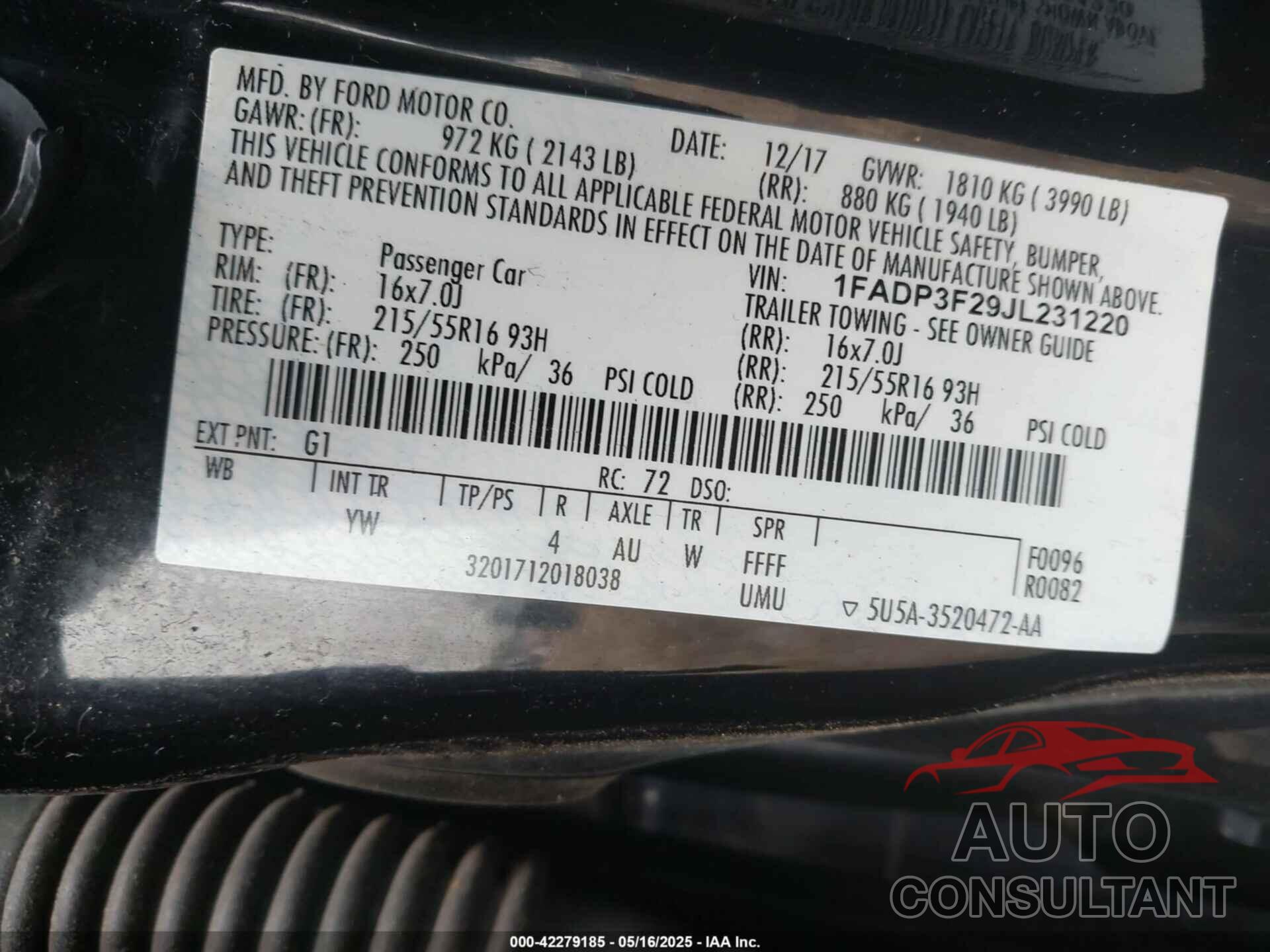 FORD FOCUS 2018 - 1FADP3F29JL231220