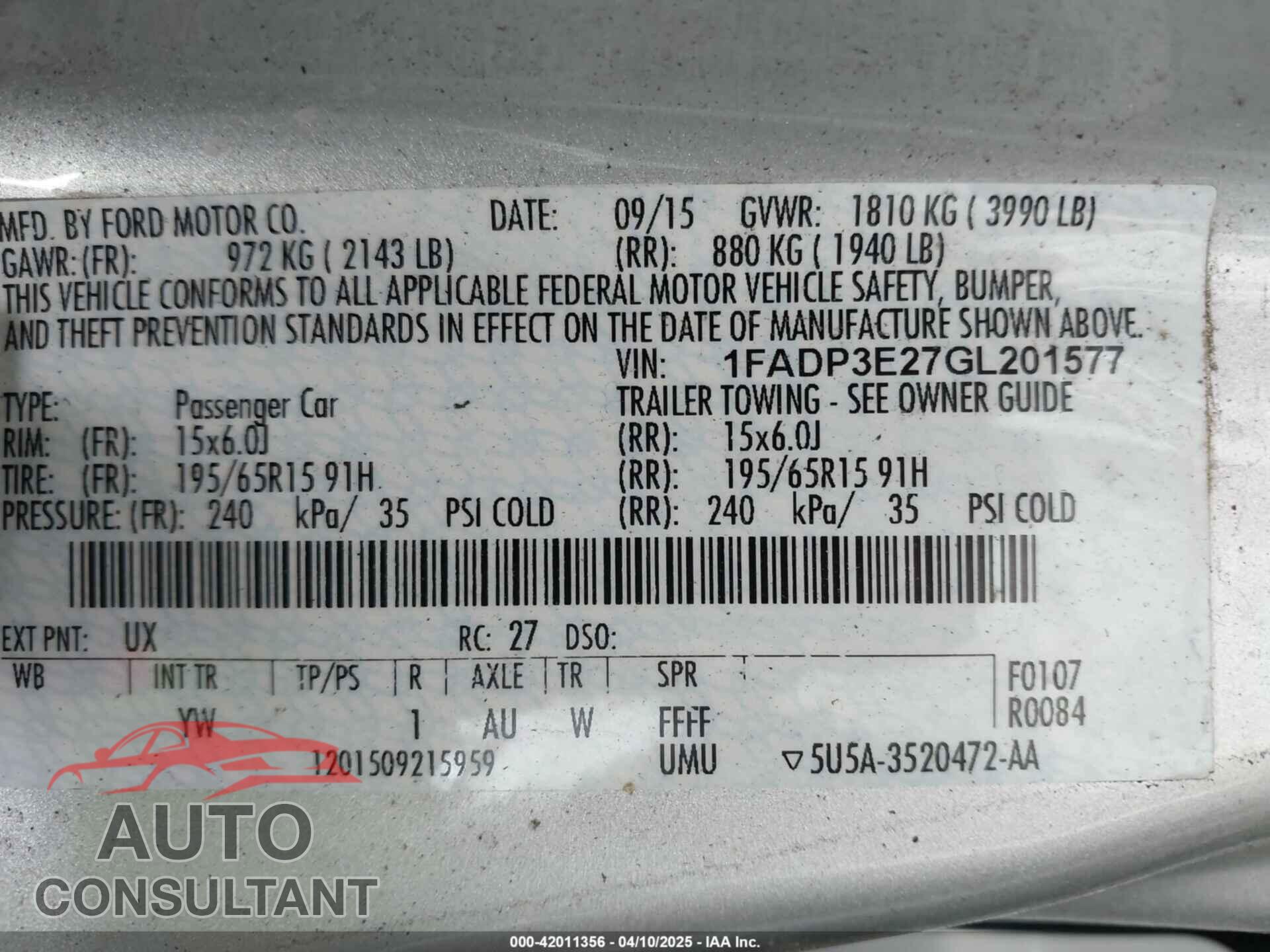 FORD FOCUS 2016 - 1FADP3E27GL201577
