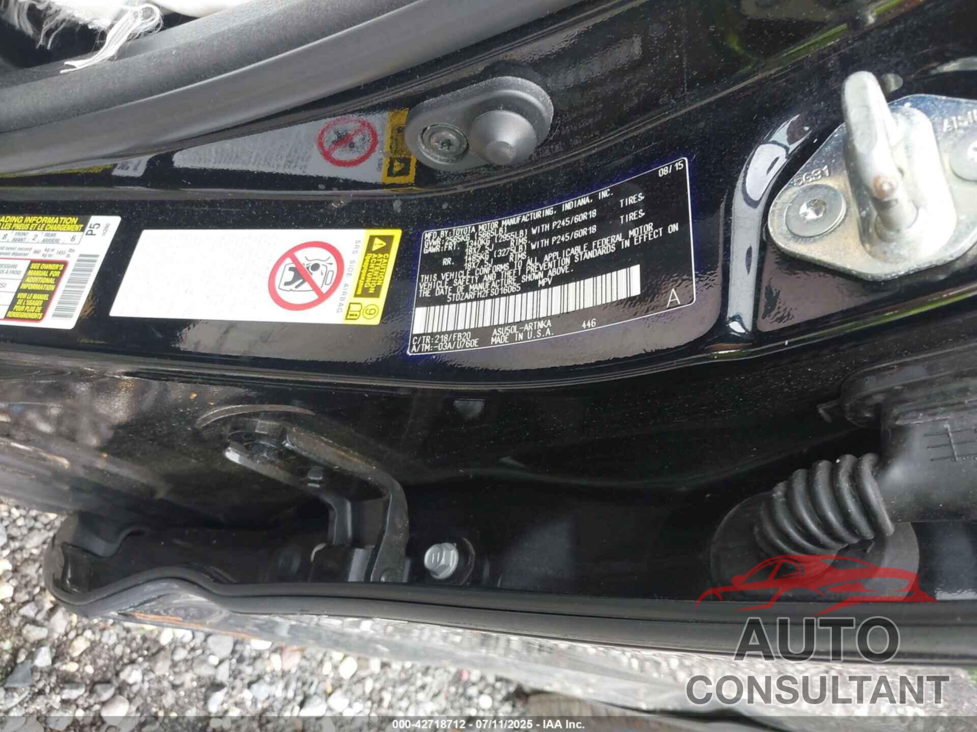 TOYOTA HIGHLANDER 2015 - 5TDZARFH2FS016065